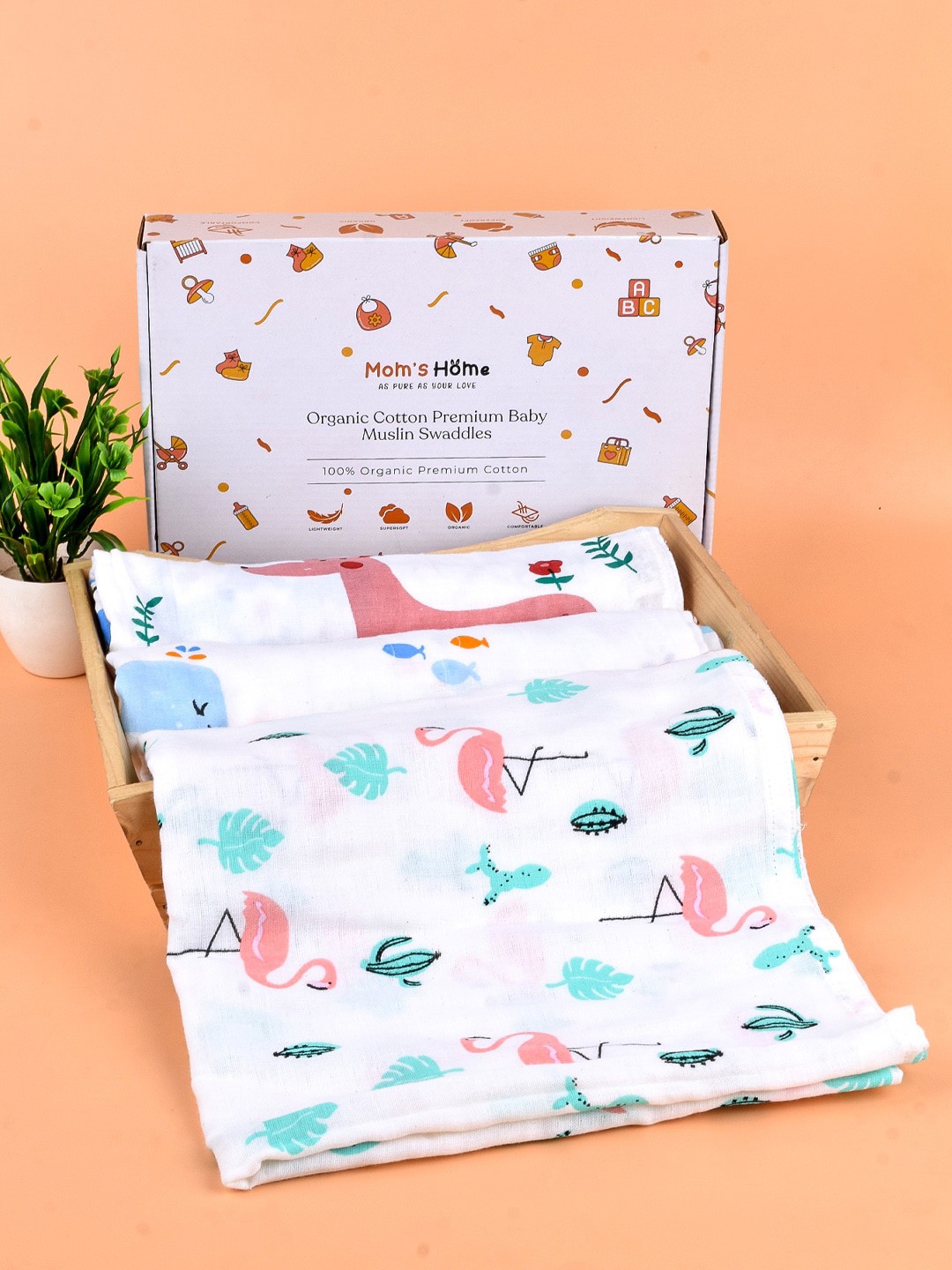 

Moms Home Infants Set of 3 Printed Organic Cotton Supersoft Baby Muslin Swaddles, White