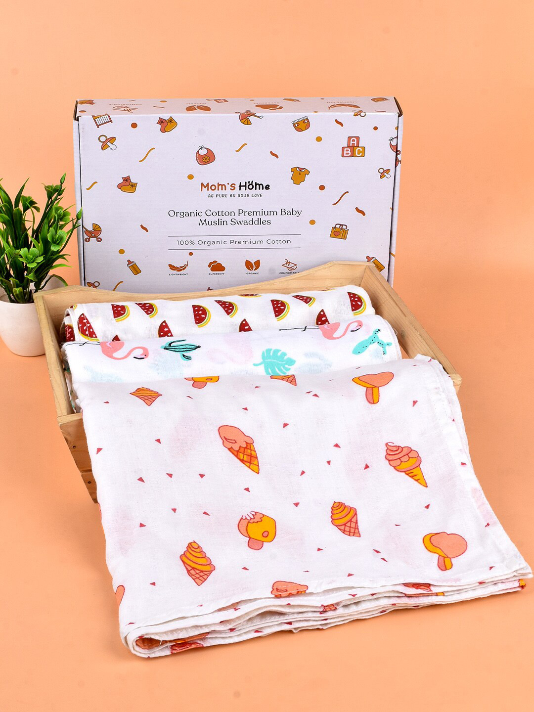 

Moms Home Infant Pack Of 3 Organic Cotton Printed Muslin Swaddle, White