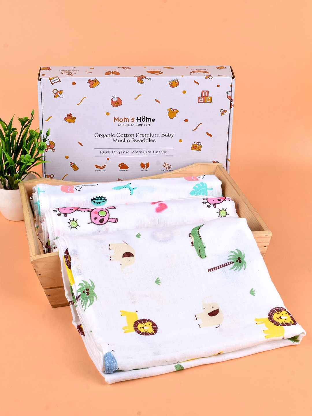 

Moms Home Infant Pack Of 3 Organic Cotton Printed Muslin Swaddle, White