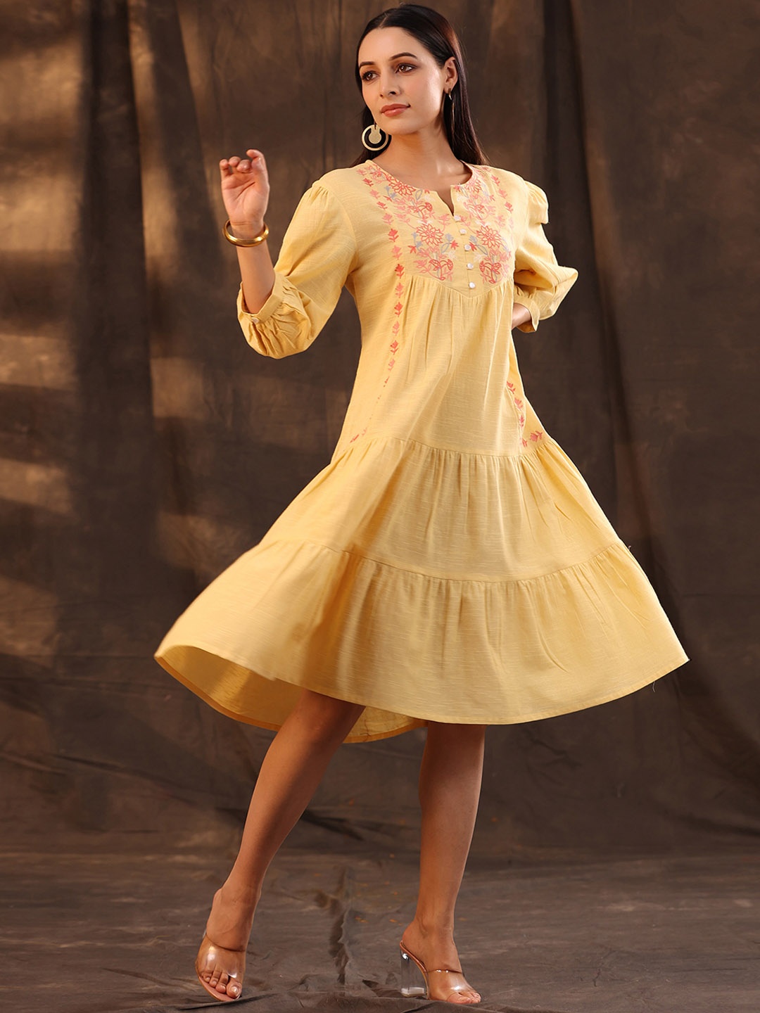 

Juniper Yellow & Orange Embroidered Cotton Notched Neck Puff Sleeves A-Line Ethnic Dress