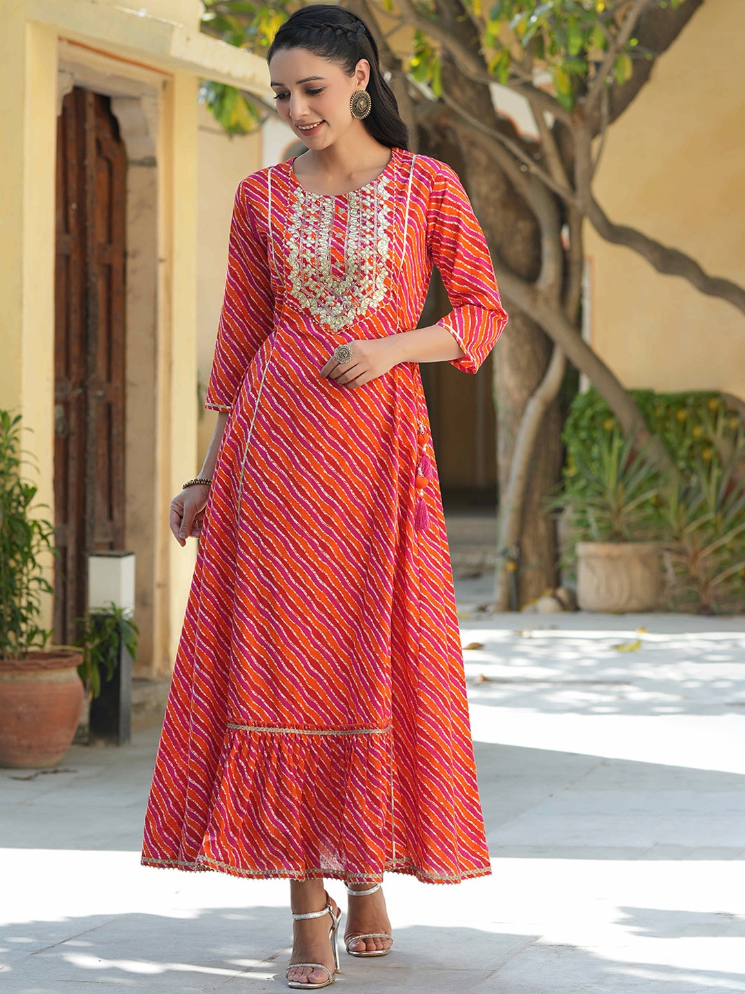 

Juniper Pink & Orange Striped Cotton Fit & Flare Ethnic Dresses