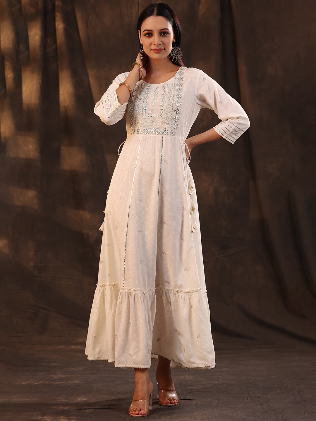 

Juniper White Floral Embroidered Fit & Flared Ethnic Dress