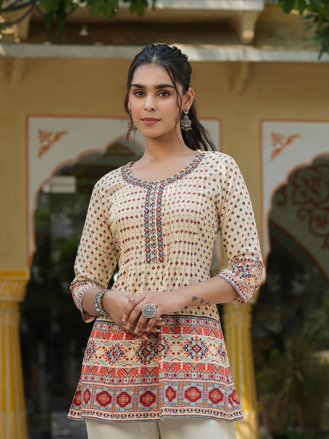 

Juniper Beige & Orange Printed Rayon Tunic