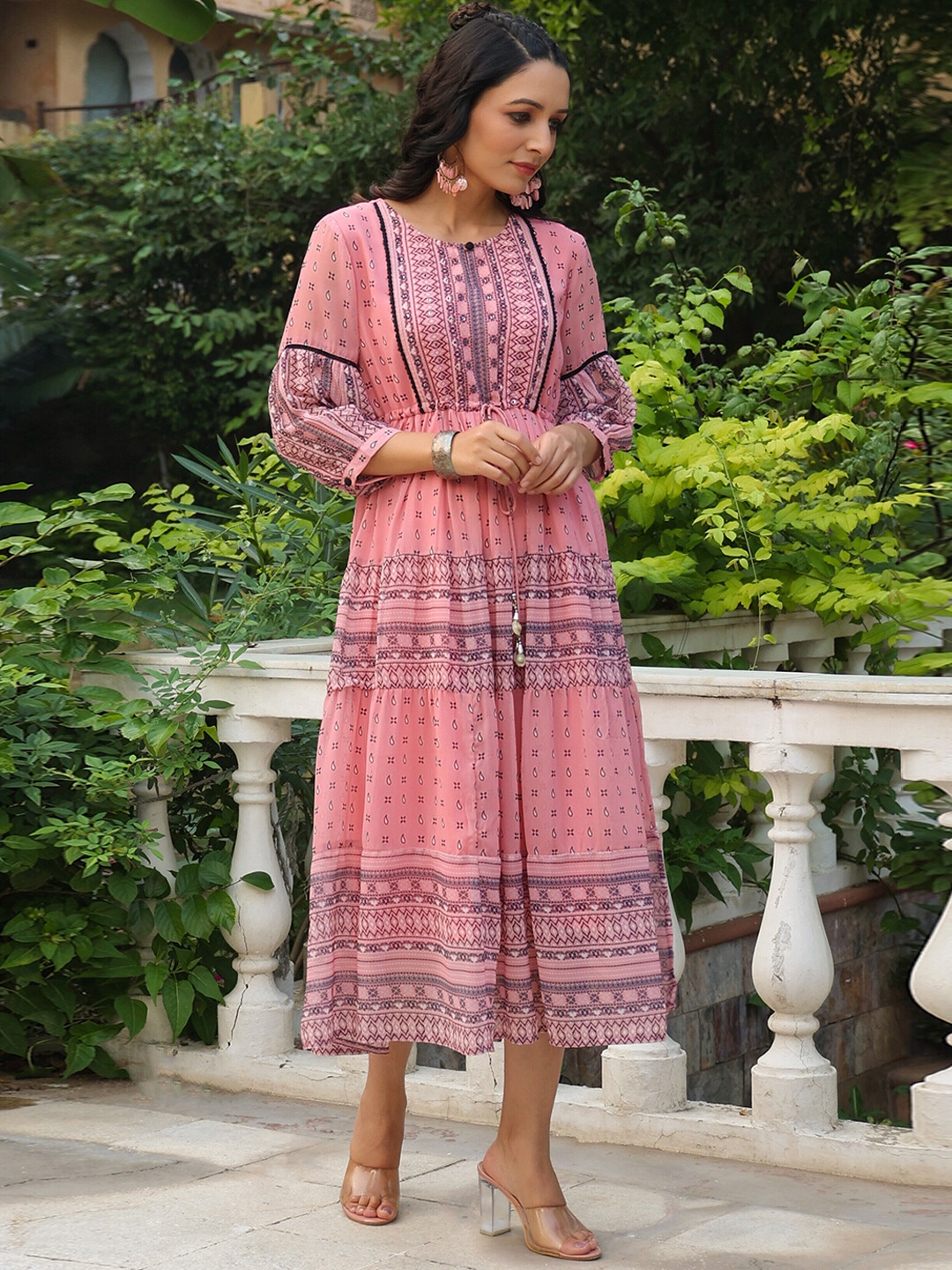 

Juniper Pink Printed Georgette Tiered Fit & Flare Midi Dress