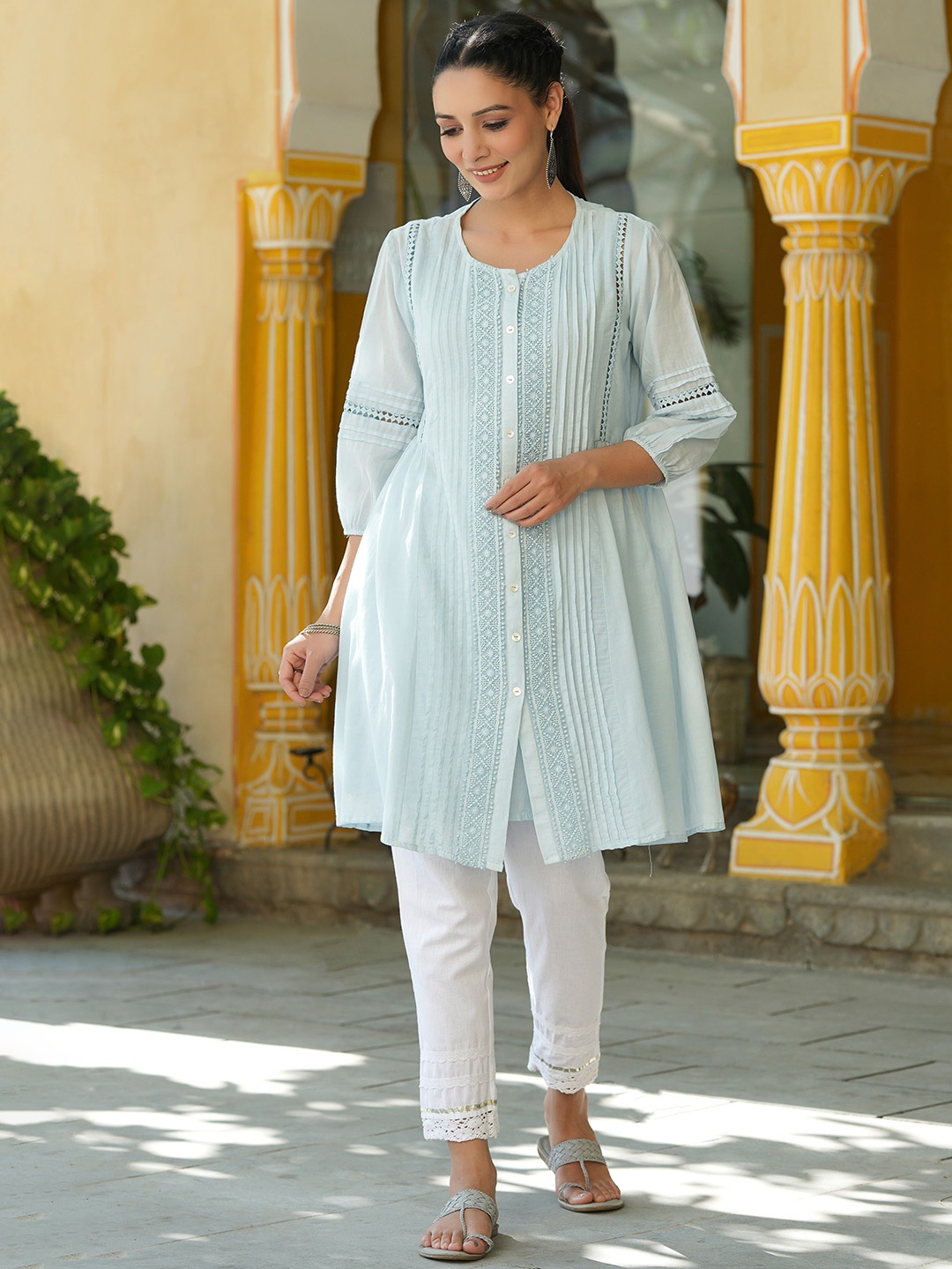 

Juniper Blue Lace Pleated A-Line Cotton Silk Kurta