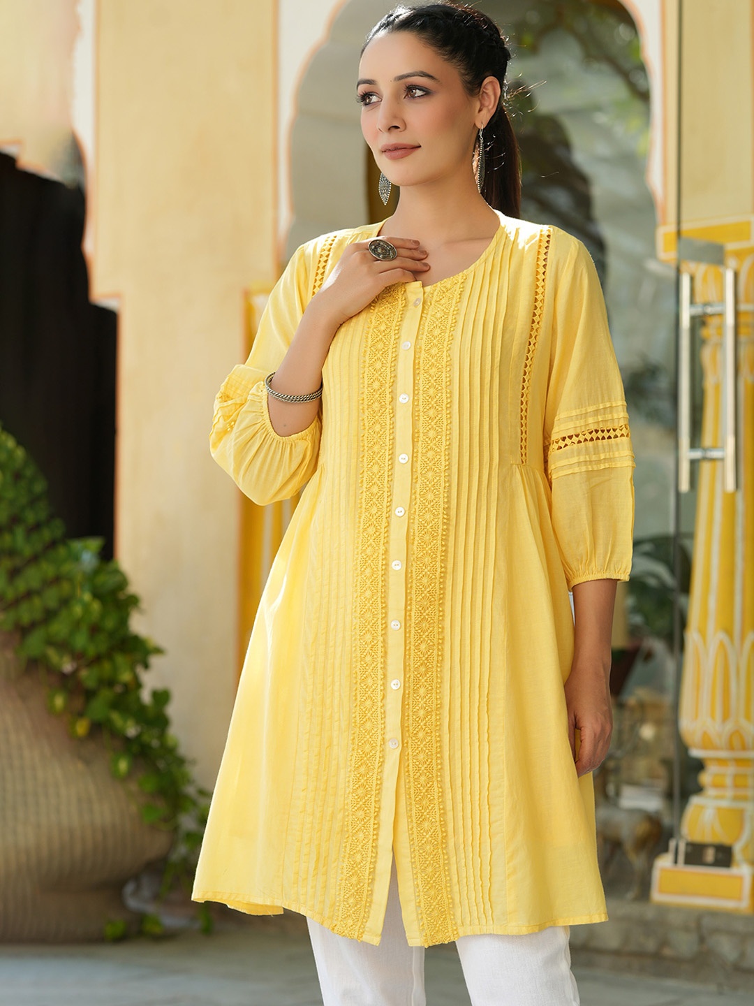 

Juniper Yellow Puff Sleeves A-Line Lace Frills Bows Ruffles Pure Cotton Kurta