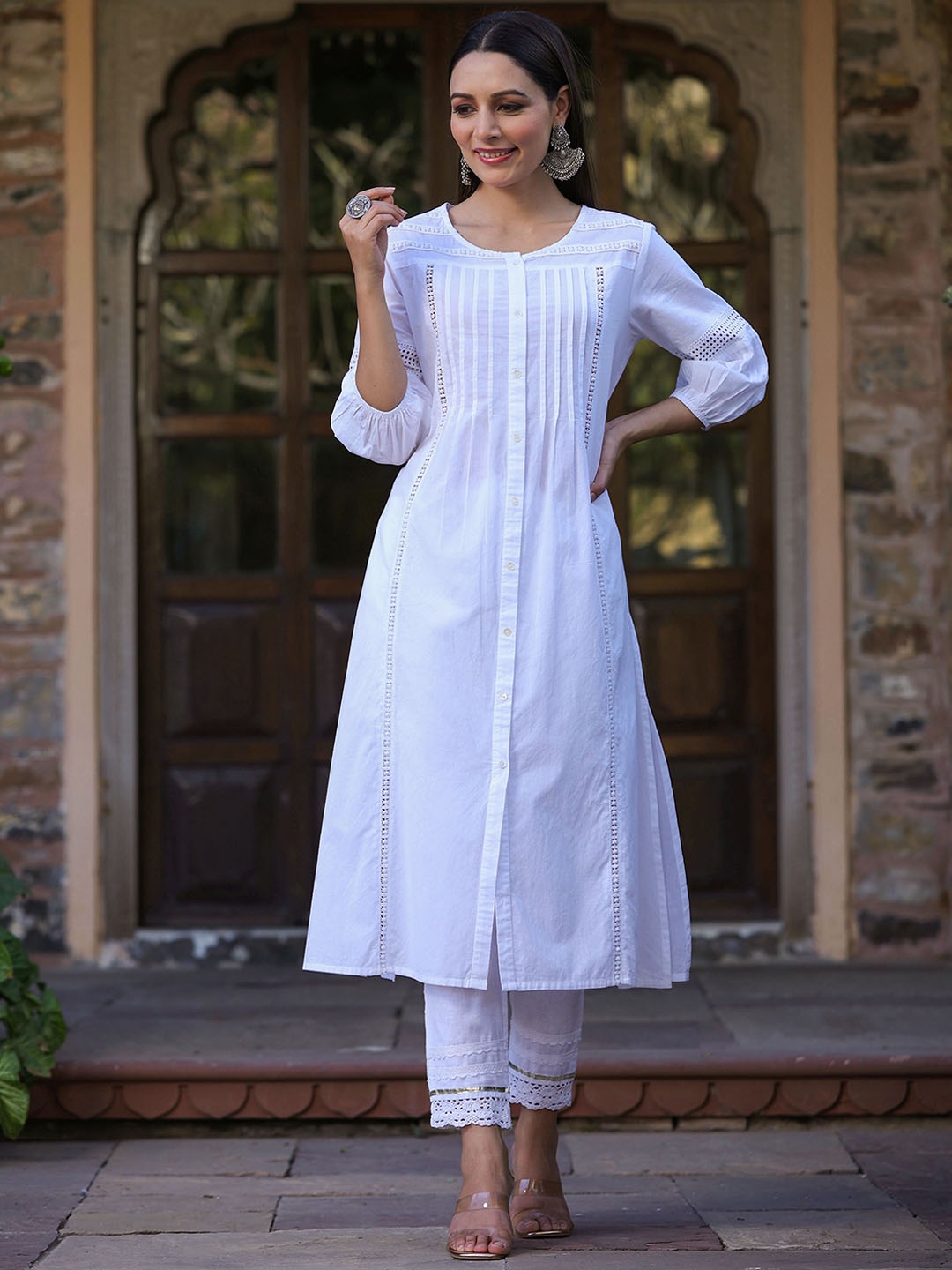 

Juniper White Puff Sleeves A-Line Lace Frills Bows Ruffles Pure Cotton Kurta