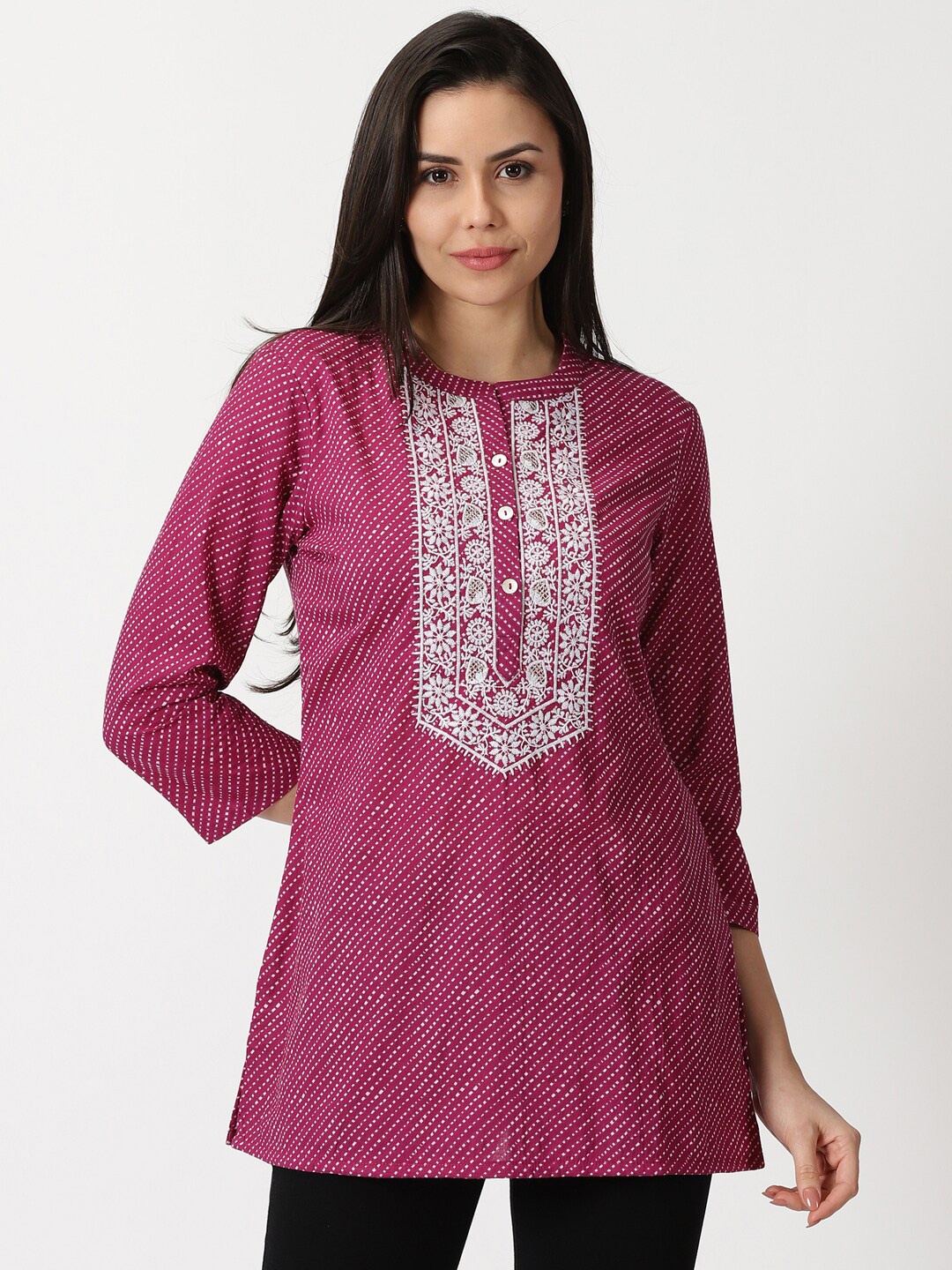 

Saffron Threads Leheriya Print Cotton Tunic with Chikankari Embroidery, Purple