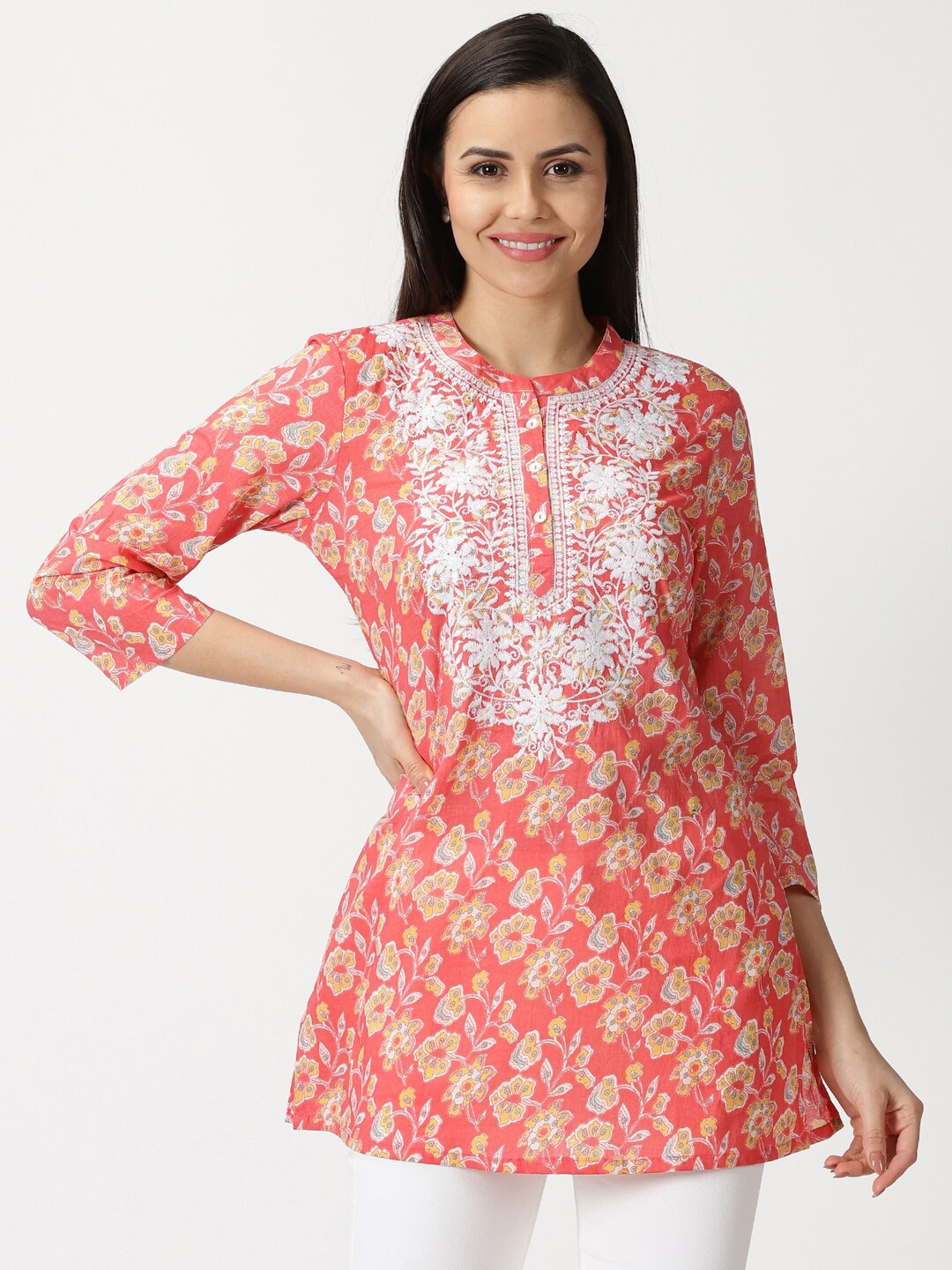 

Saffron Threads Floral Print Cotton Tunic with Chikankari Embroidery, Coral