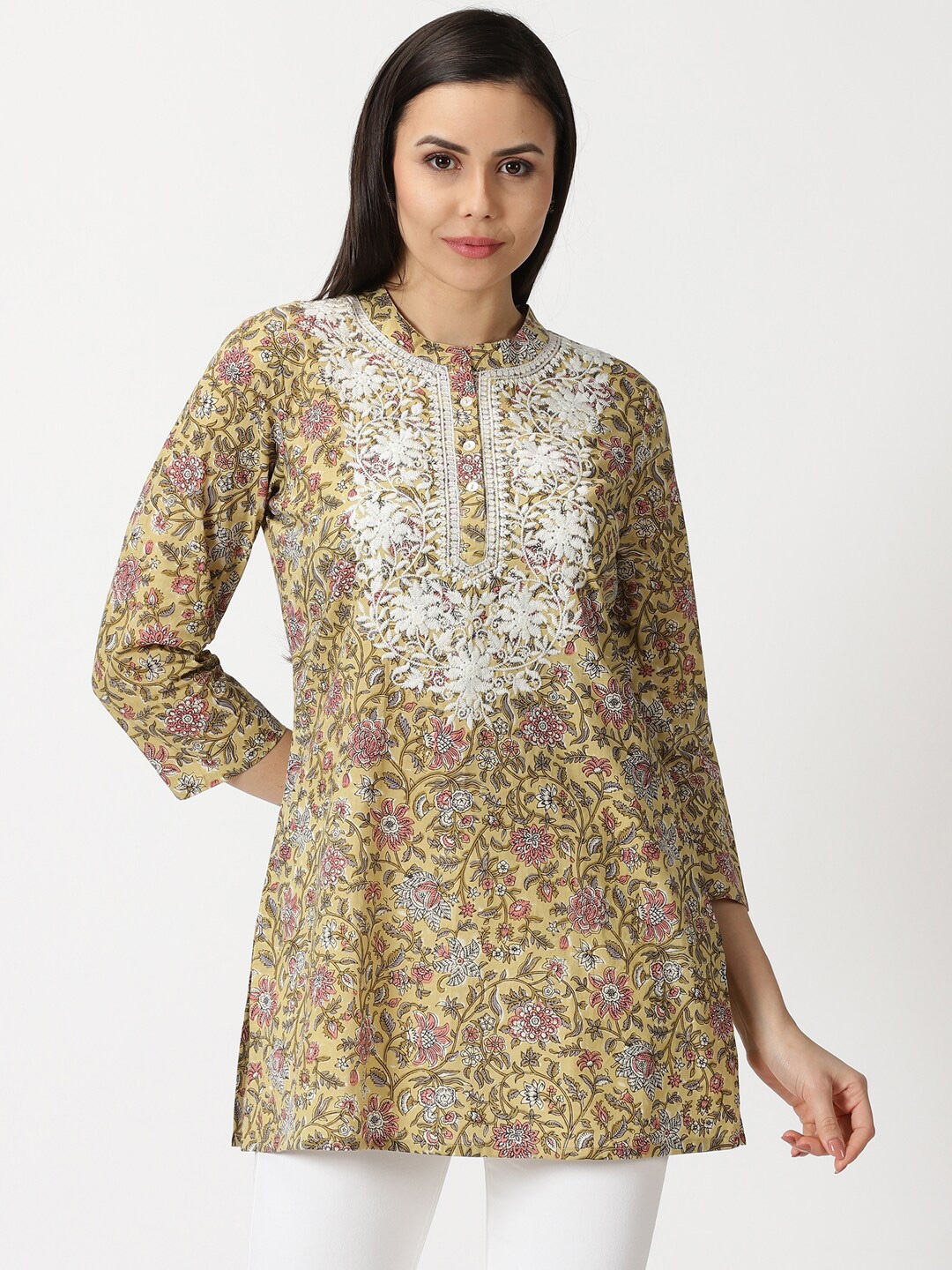 

Saffron Threads Floral Print Cotton Tunic with Chikankari Embroidery Tunic, Yellow