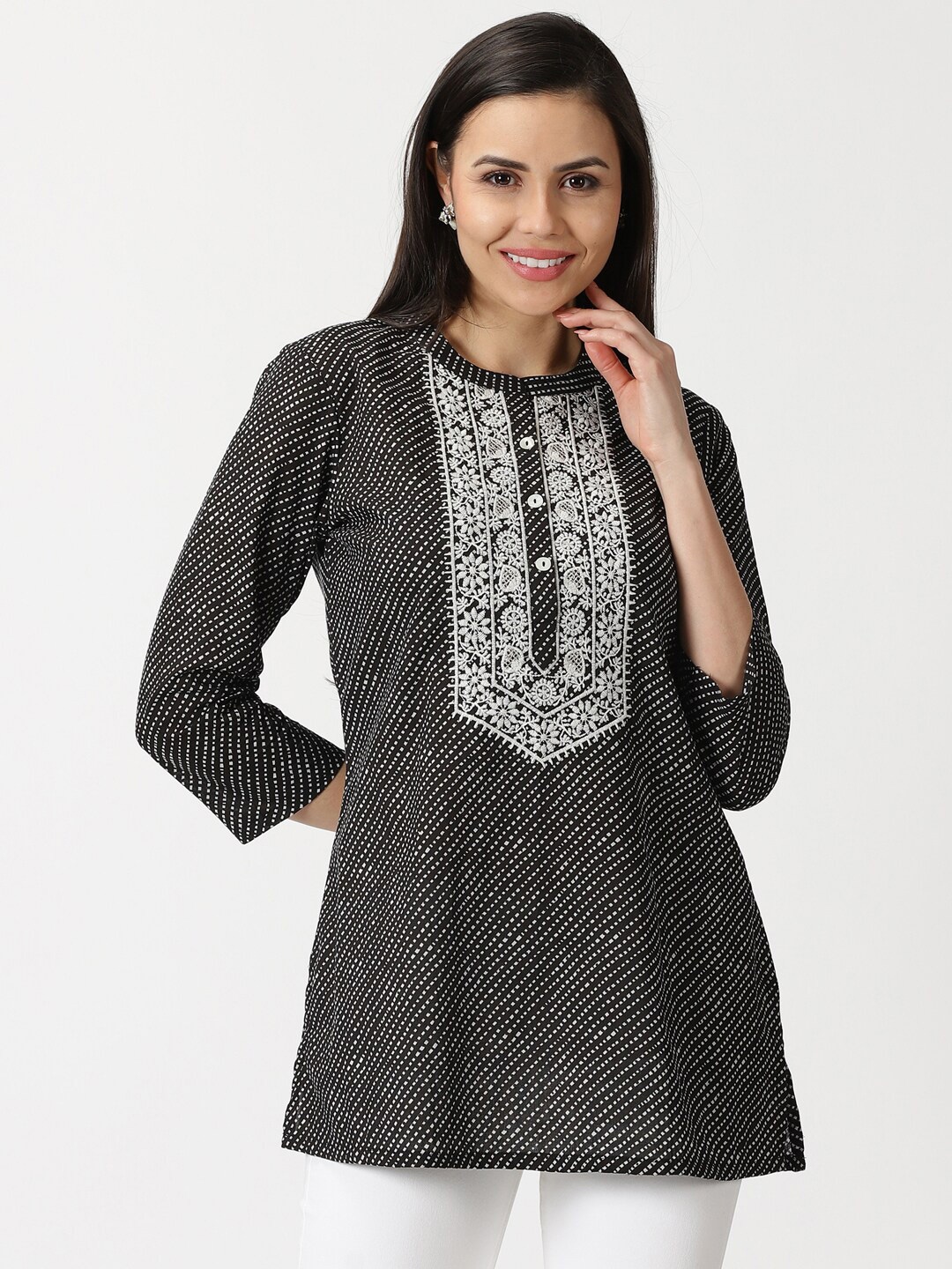 

Saffron Threads Leheriya Print Cotton Tunic with Chikankari Embroidery, Black