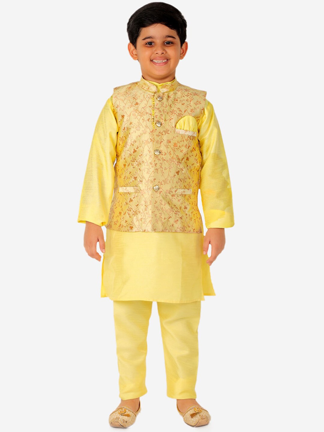 

Pro-Ethic STYLE DEVELOPER Boys Mandarin Collar Straight Kurta with Pyjamas & Nehru Jacket, Yellow