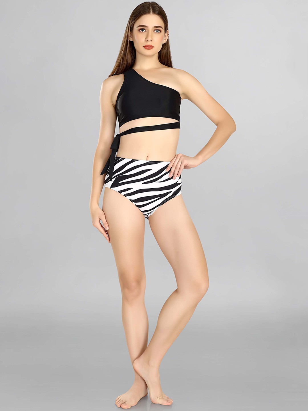 

Addery Printed One Shoulder Swim Bikini Set, Black