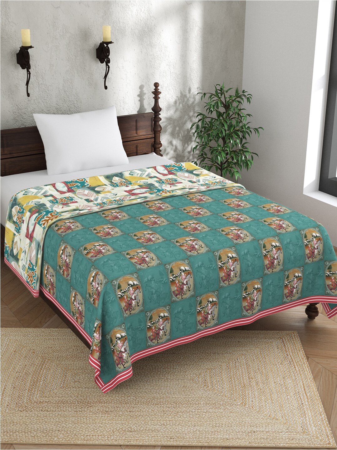 

EverHOME Sara Teal & Red Ethnic Motifs AC Room 120 GSM Cotton Single Bed Dohar