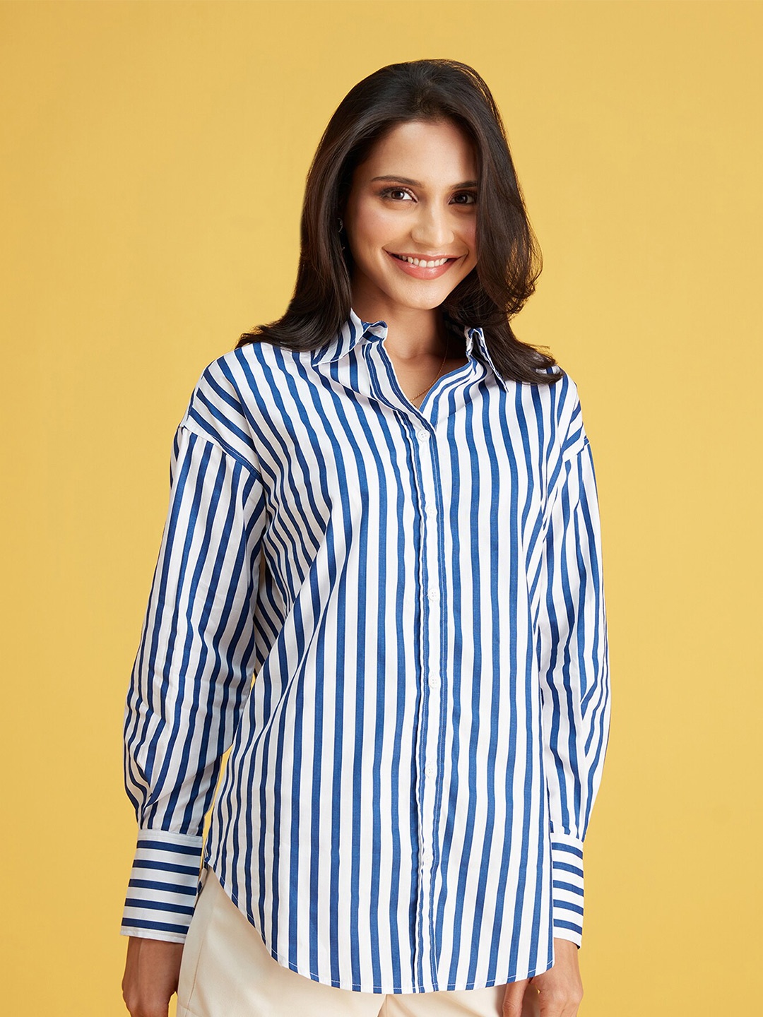 

20Dresses Navy Blue & White Striped Pure Cotton Casual Shirt