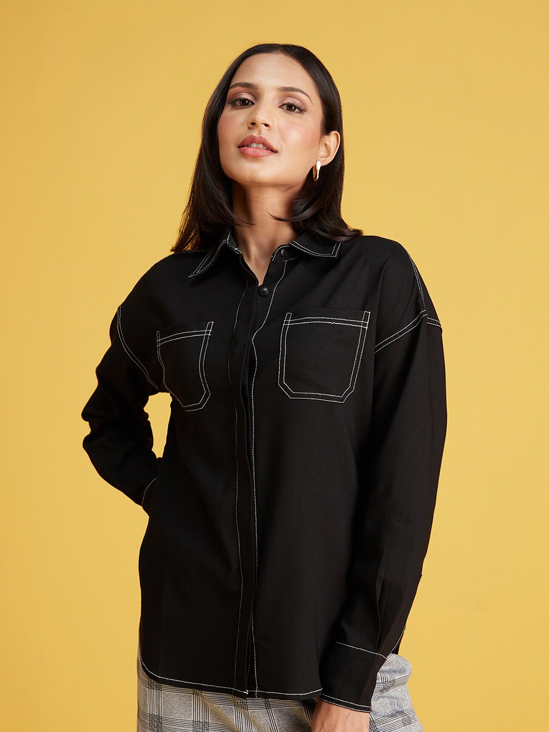 

20Dresses Black Drop Shoulder Sleeves Opaque Satin Casual Shirt