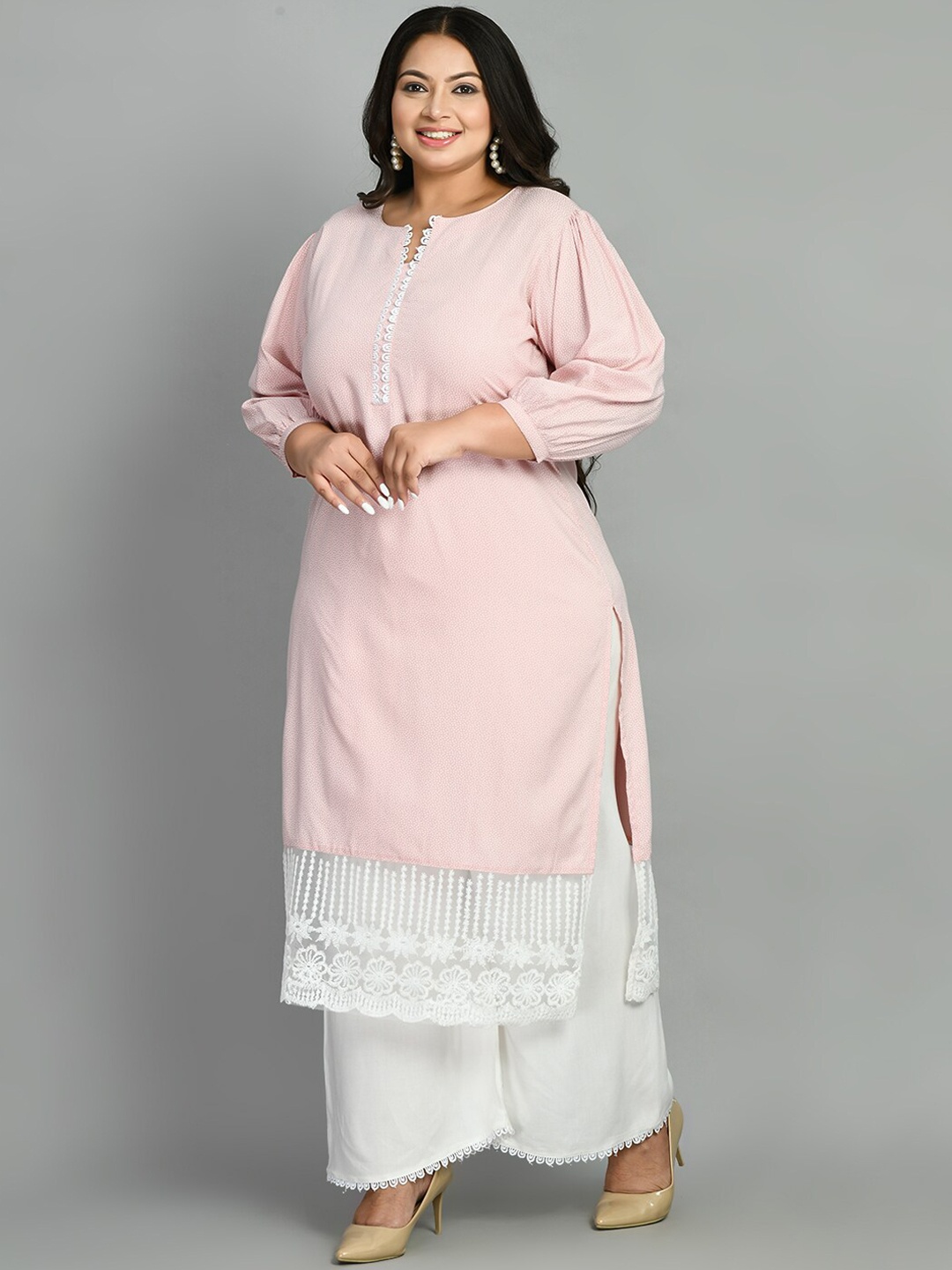 

PrettyPlus by Desinoor.com Plus Size Polka Dots Printed Lace Detail Kurta with Palazzos, Peach