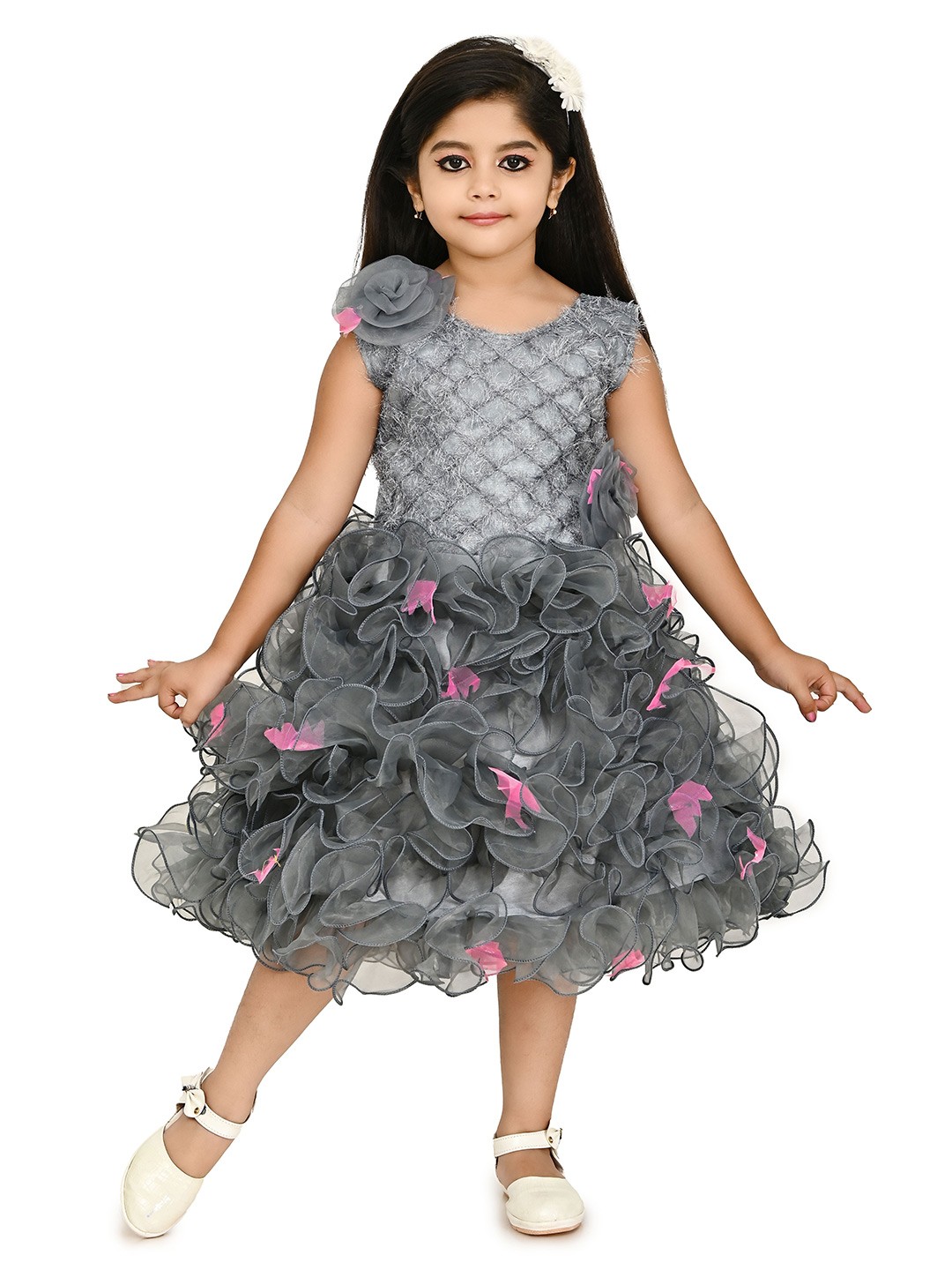 

carrydreams Girls Floral Print Net Fit & Flare Dress, Grey