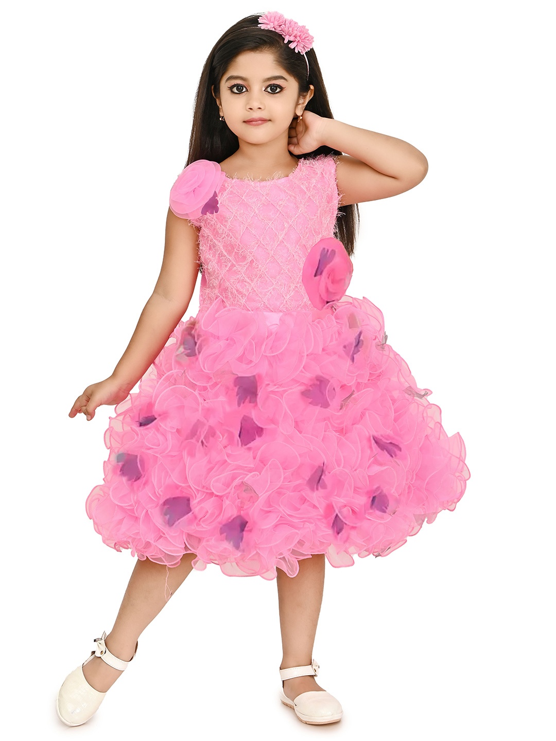 

carrydreams Girls Floral Net Fit & Flare Dress, Pink