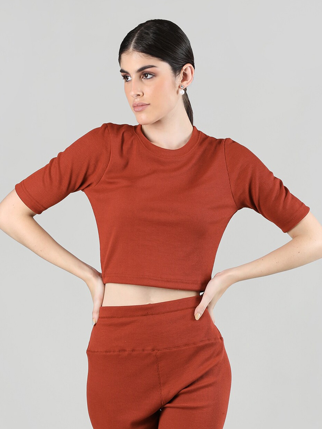 

KEPA Round Neck Cotton Crop Ribbed Top, Rust