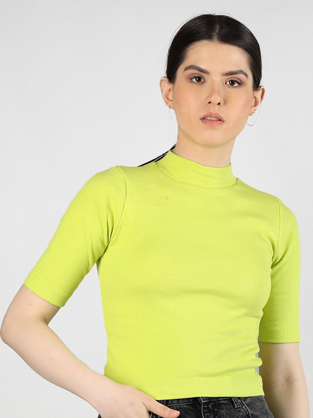

KEPA Green High Neck Short Sleeves Cotton Crop Top