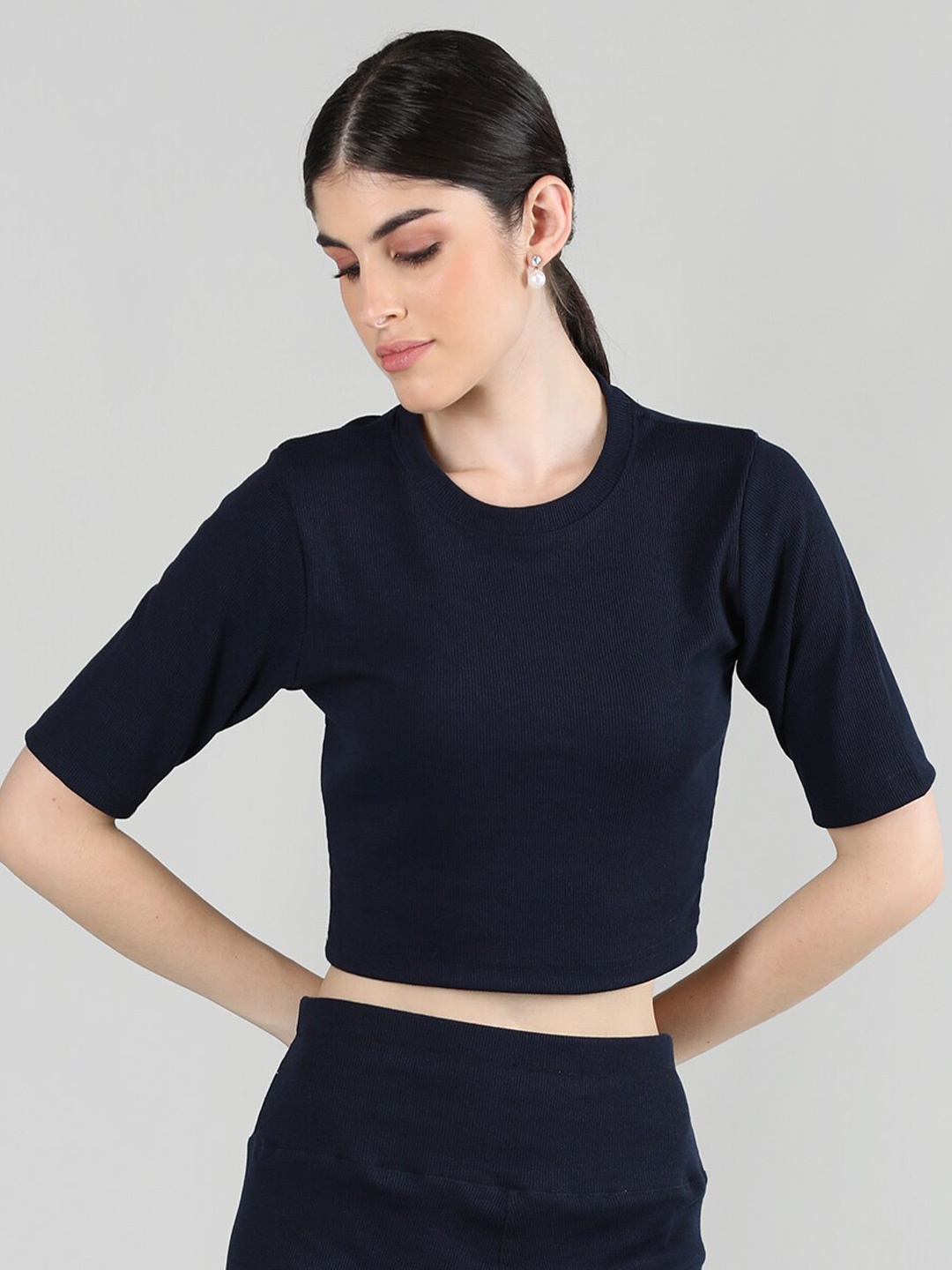 

KEPA Round Neck Short Sleeves Cotton Crop Fitted Top, Navy blue