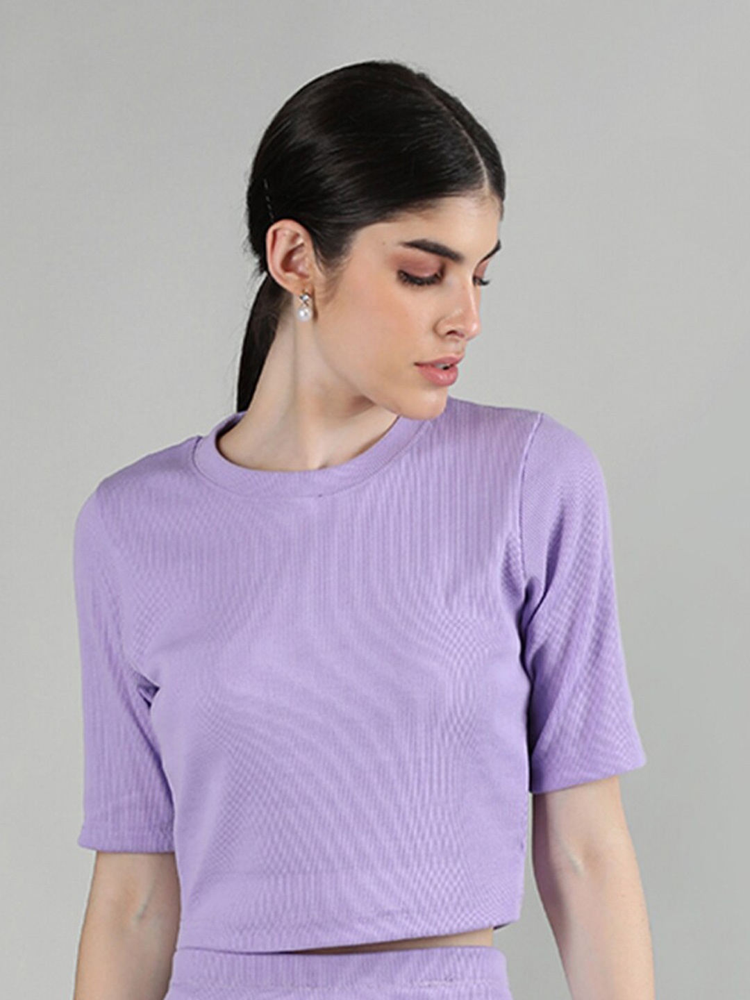 

KEPA Round Neck Short Sleeves Cotton Crop Top, Lavender