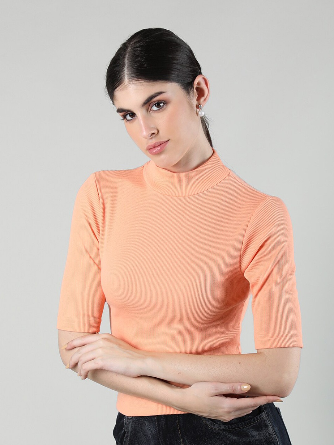 

KEPA High Neck Short Sleeves Cotton Fitted Top, Peach