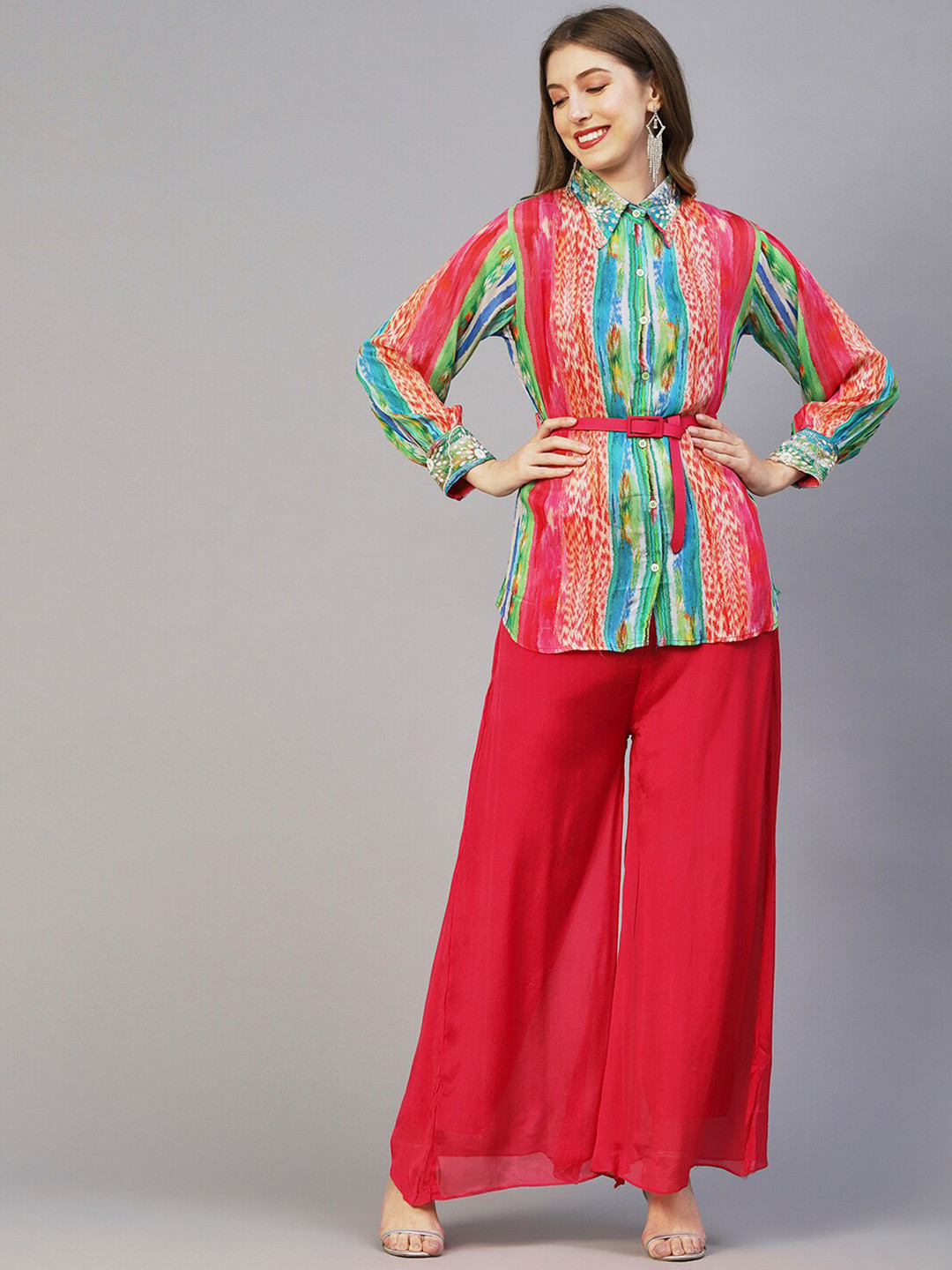 

FASHOR Red & Green Printed Shirt & Palazzo
