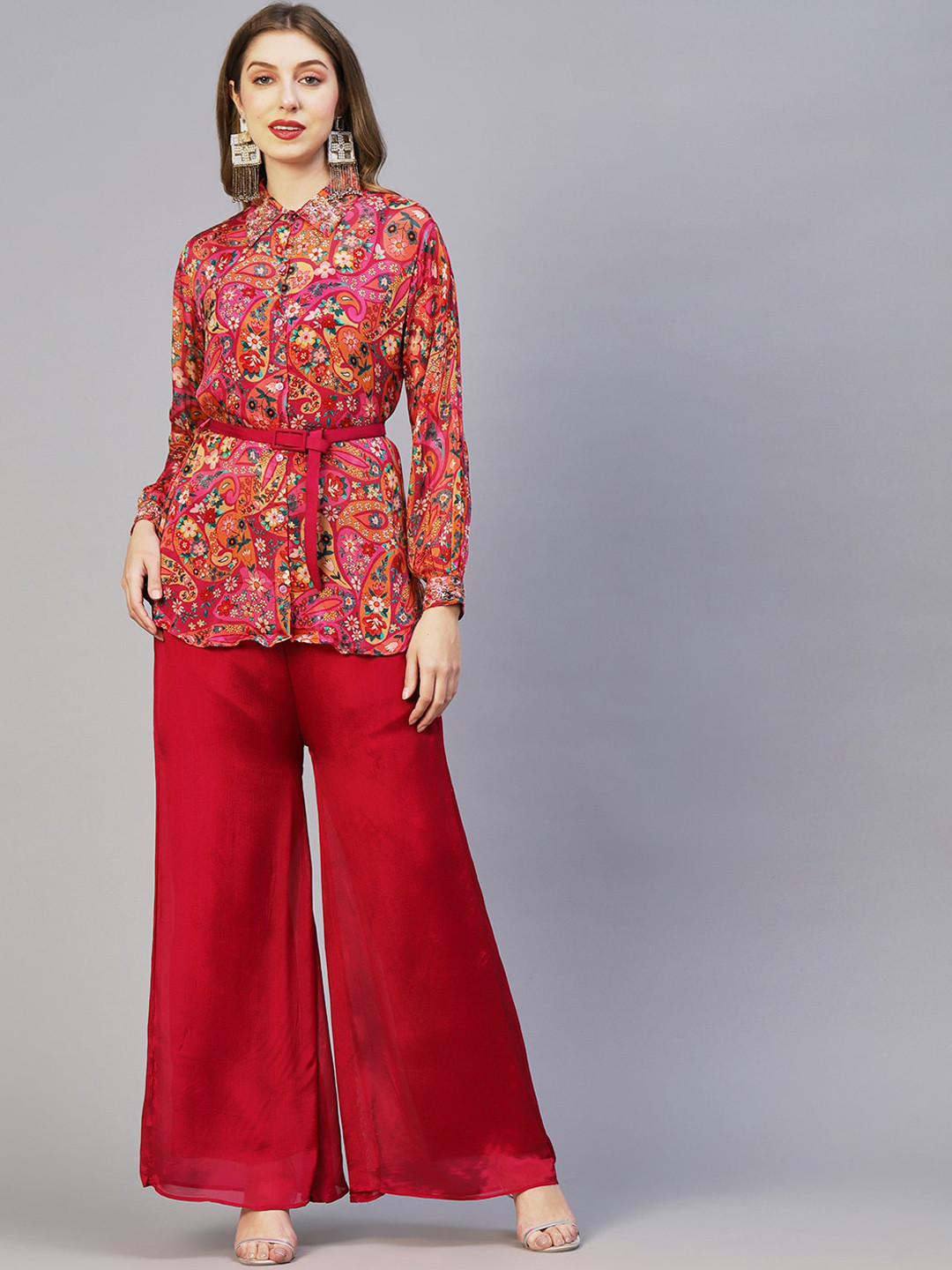 

FASHOR Red & Pink Printed Shirt Collar Neck Shirt With Straight Palazzo
