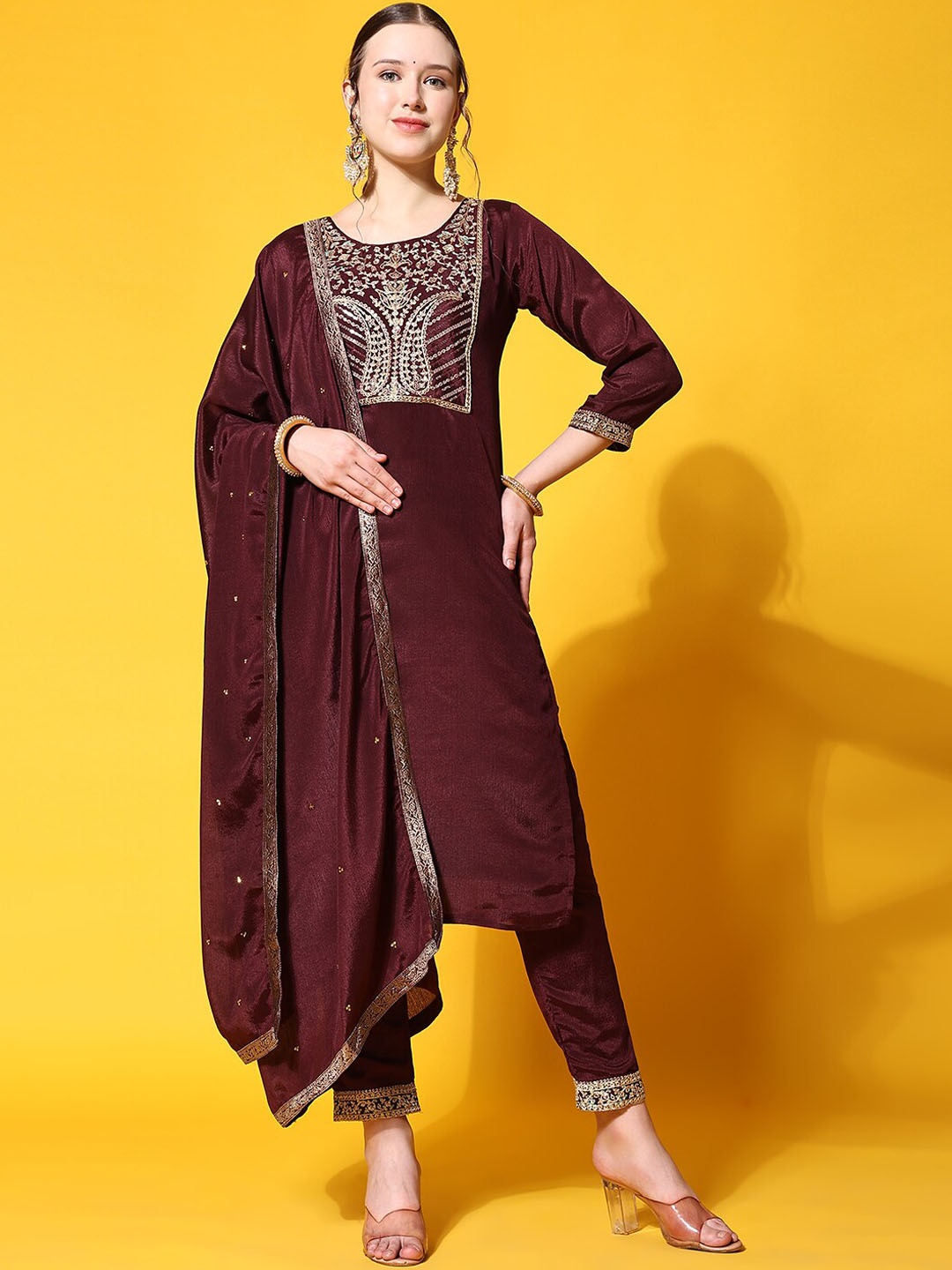 

Ziva Fashion Ethnic Motifs Yoke Design Pure Silk Kurta With Trousers & Dupatta, Brown