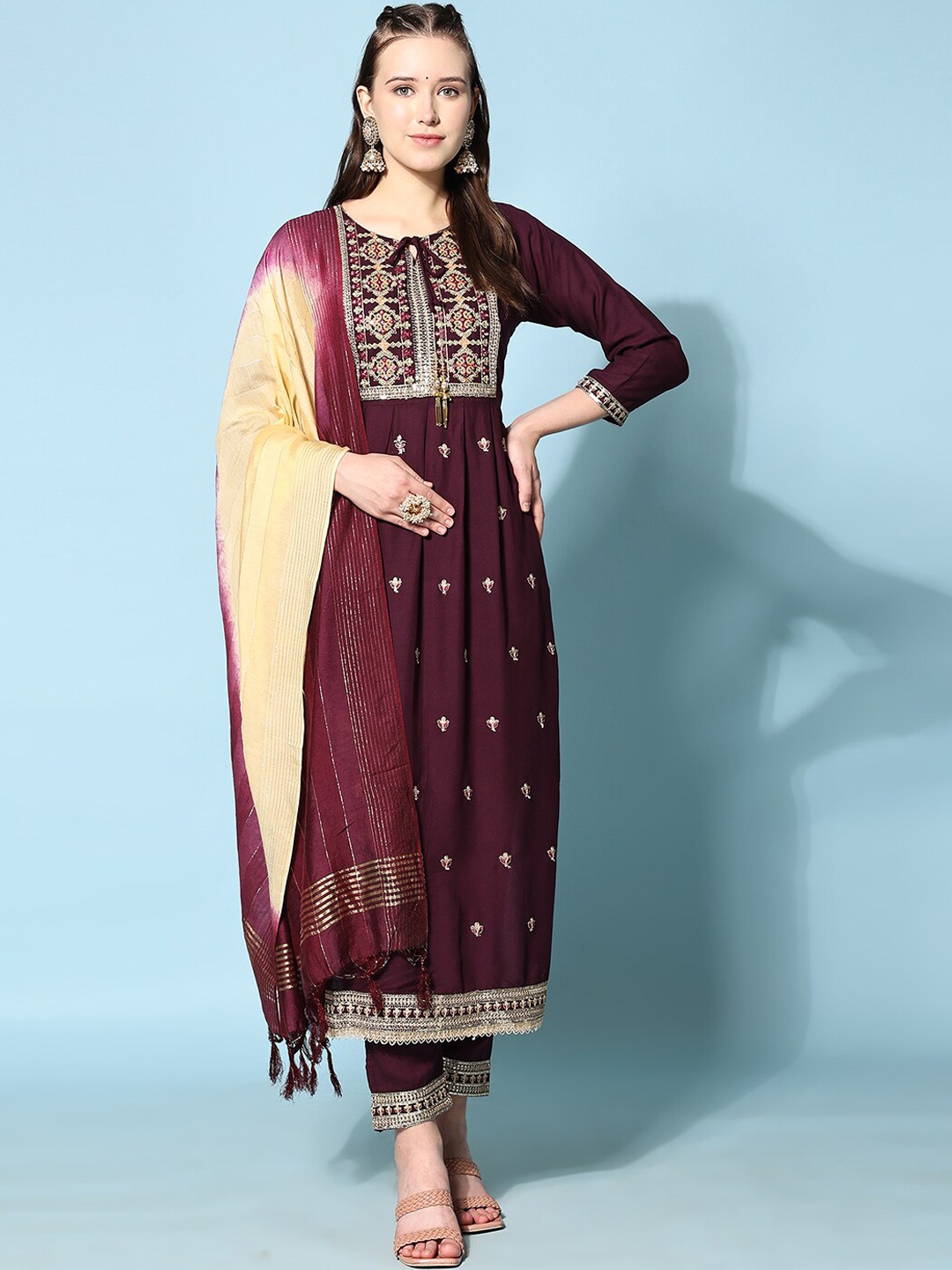 

Ziva Fashion Ethnic Motifs Embroidered Kurta With Trousers & Dupatta, Brown