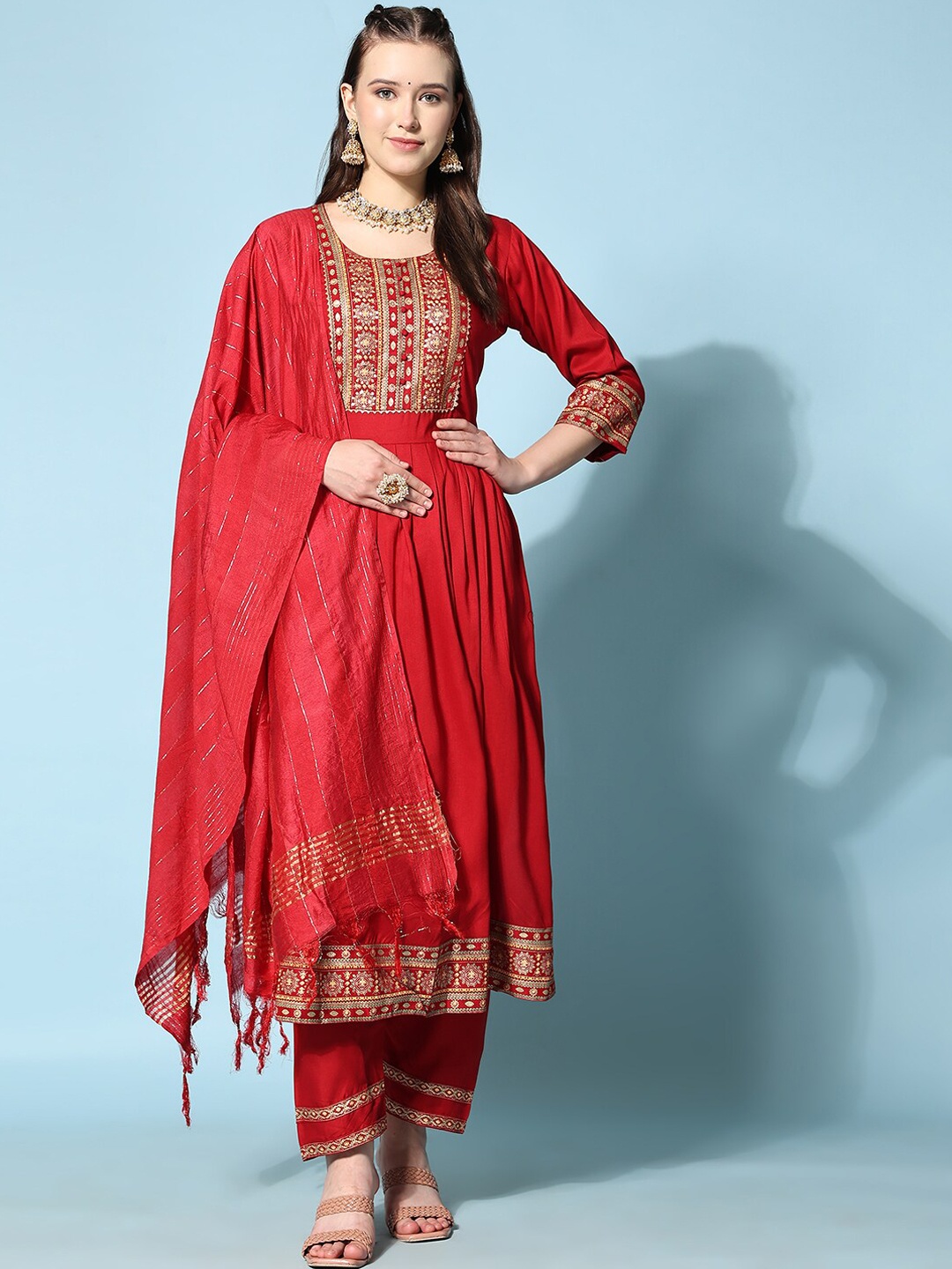 

Ziva Fashion Ethnic Motifs Yoke Design Kurta With Trousers & Dupatta, Red