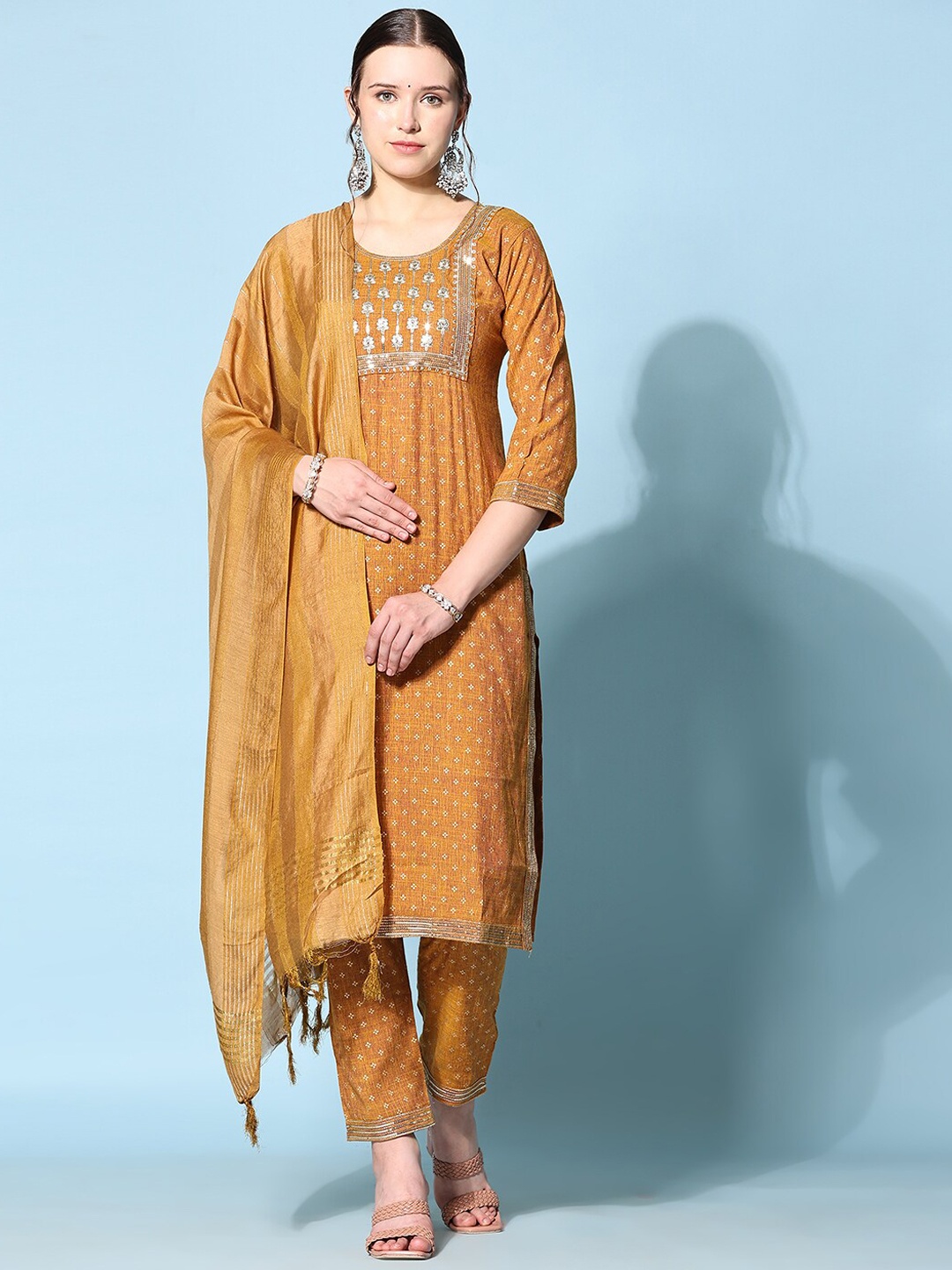 

Ziva Fashion Floral Printed Thread Work Kurta With Trousers & Dupatta, Mustard