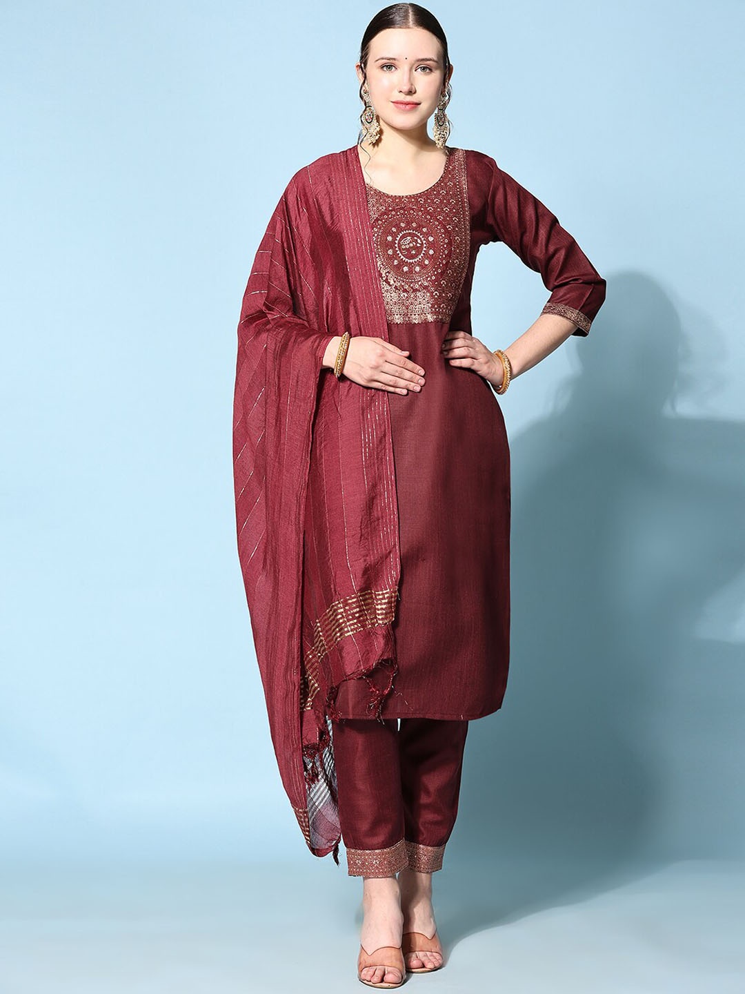 

Ziva Fashion Ethnic Motifs Yoke Design Kurta With Trousers & Dupatta, Maroon