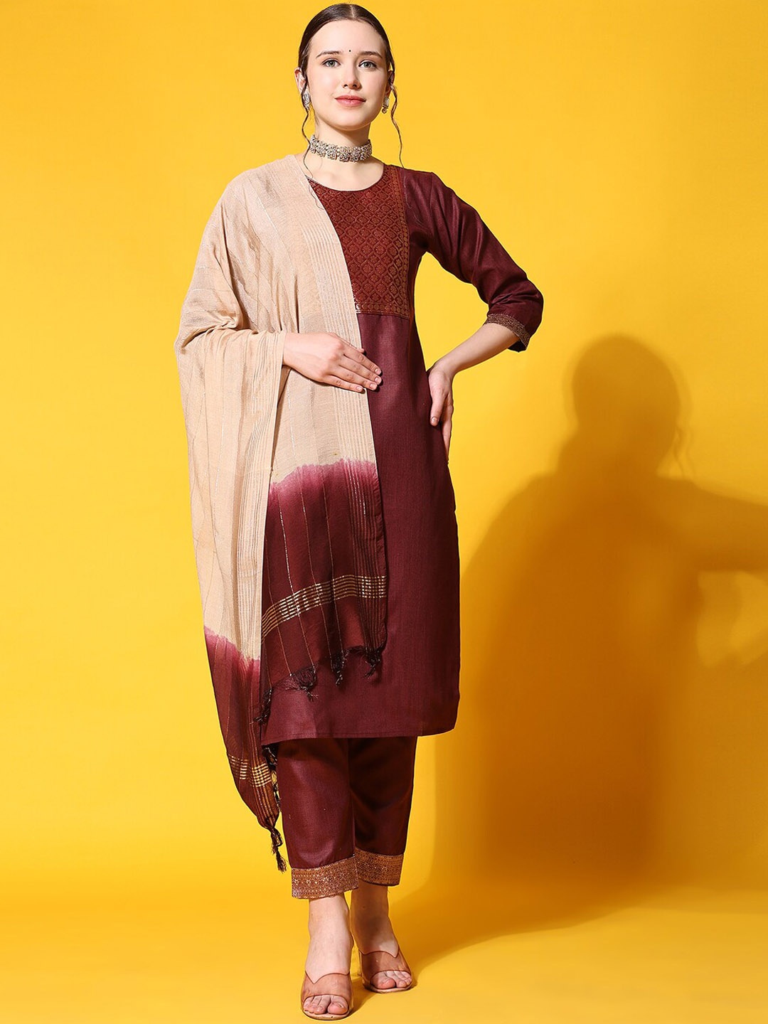

Ziva Fashion Ethnic Motifs Yoke Design Kurta With Trousers & Dupatta, Maroon