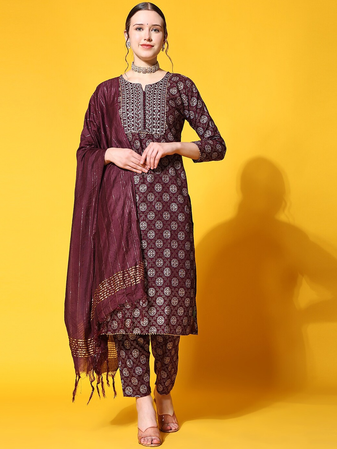 

Ziva Fashion Floral Printed Thread Work Kurta With Trousers & Dupatta, Brown