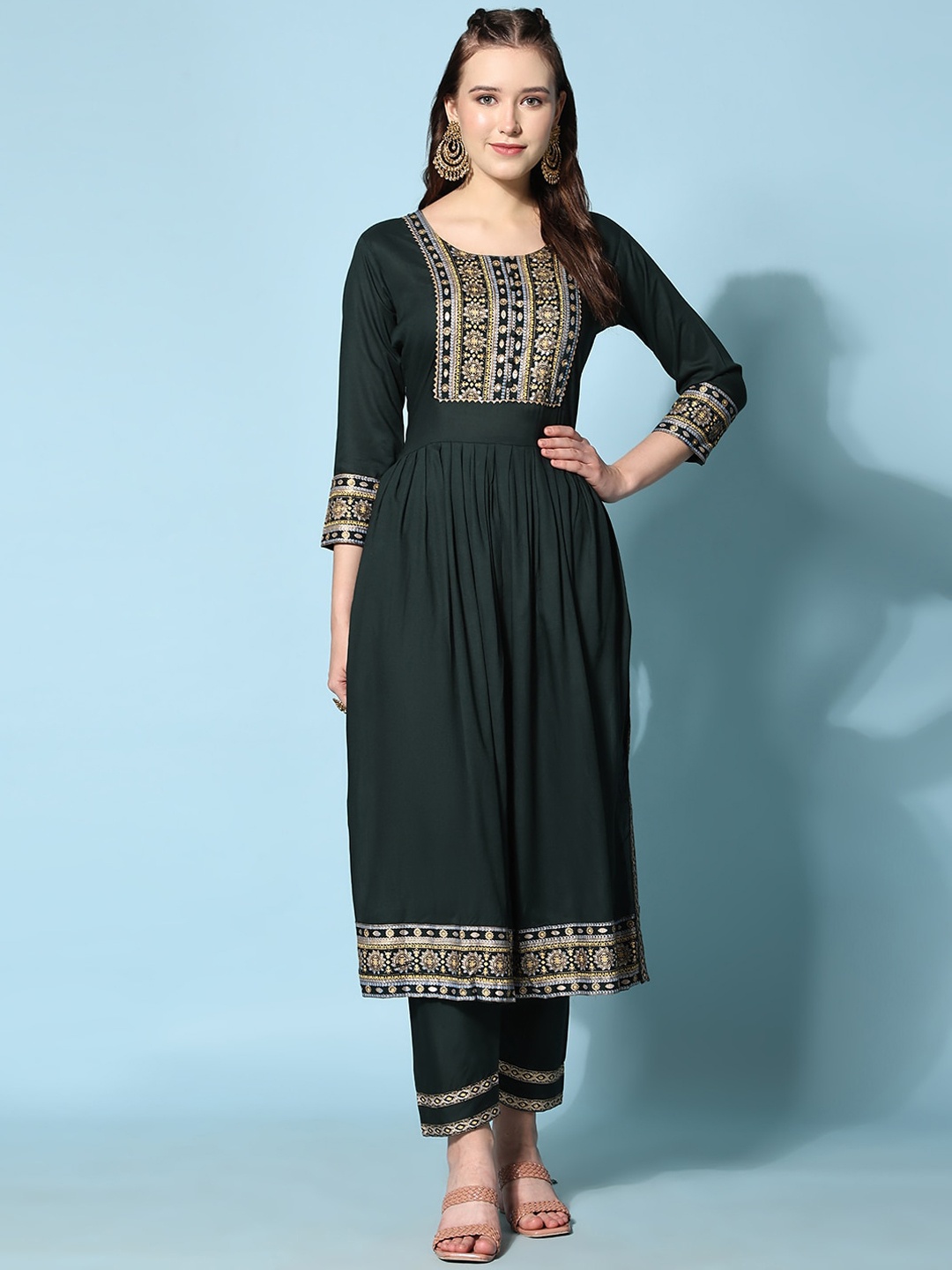 

Ziva Fashion Ethnic Motifs Yoke Design Kurta With Trousers & Dupatta, Green