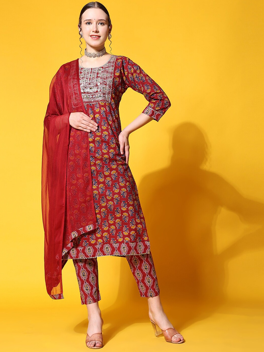 

Ziva Fashion Floral Printed Thread Work Kurta With Trousers & Dupatta, Red