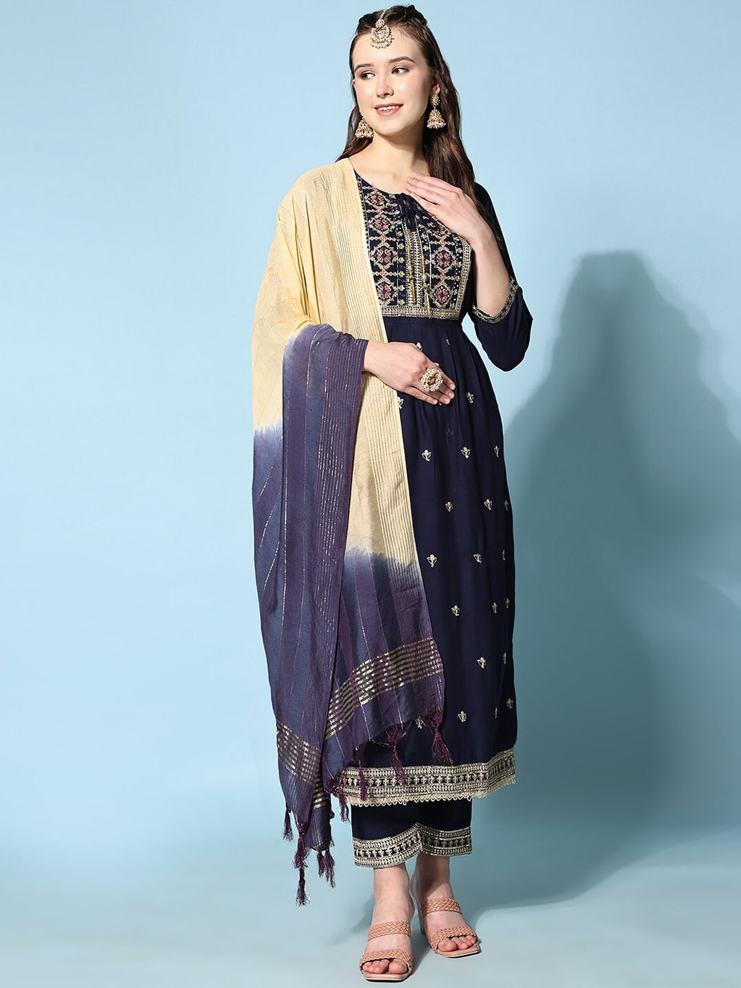 

Ziva Fashion Floral Embroidered Kurta With Trousers & Dupatta, Navy blue