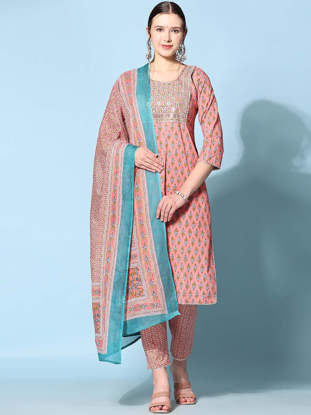 

Ziva Fashion Floral Printed Sequinned Kurta With Trousers & Dupatta, Peach