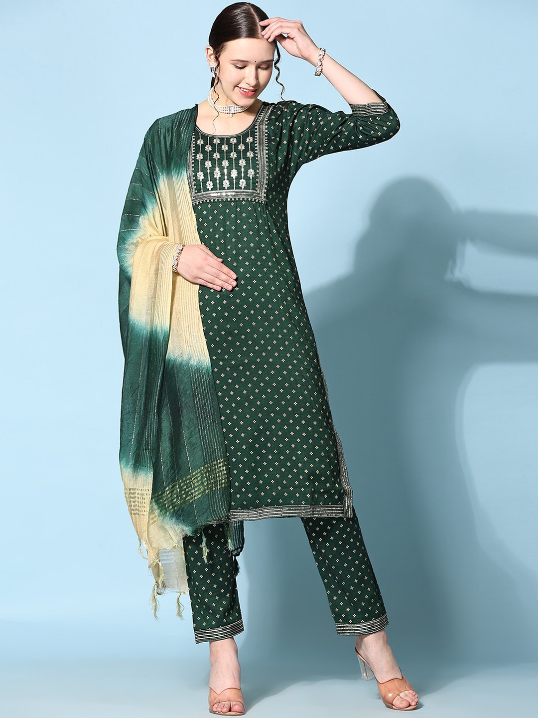 

Ziva Fashion Floral Printed Kurta With Trousers & Dupatta, Green