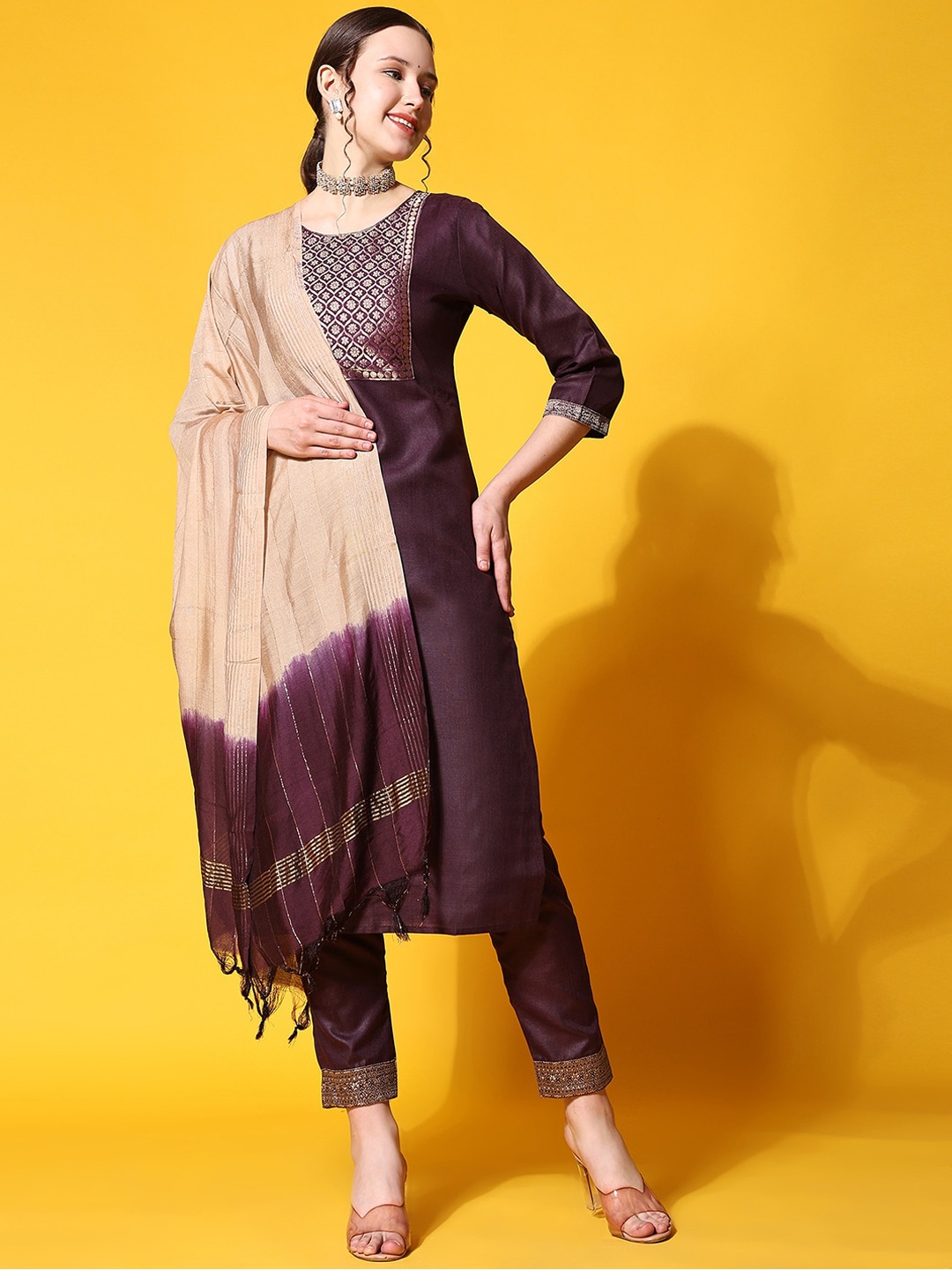 

Ziva Fashion Ethnic Motifs Yoke Design Kurta with Trousers & With Dupatta, Brown