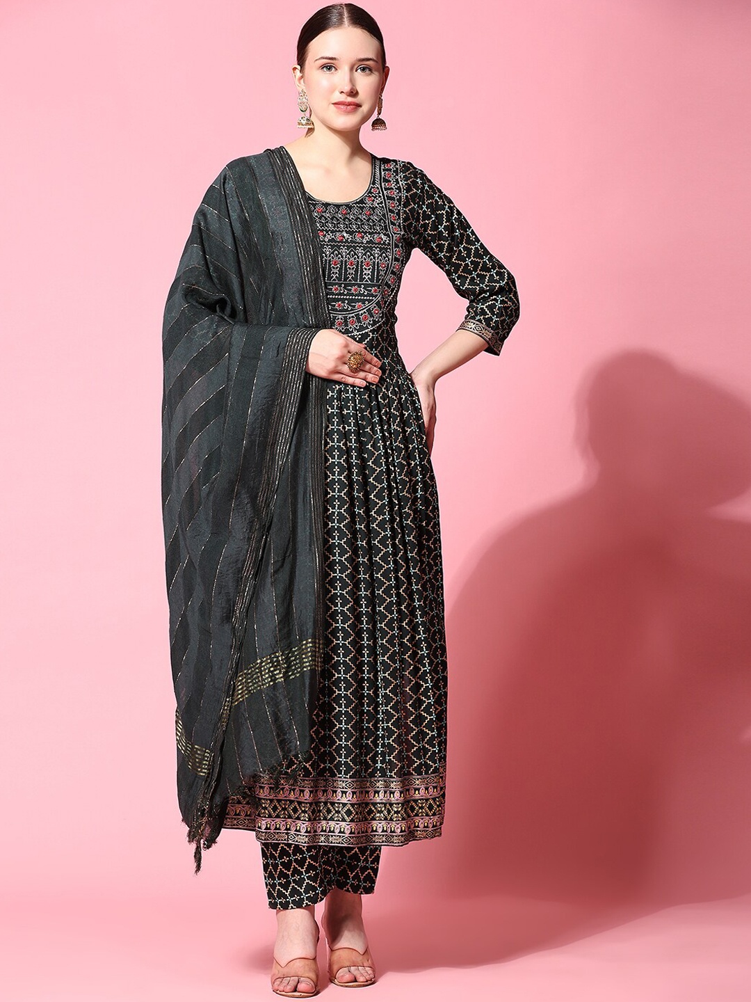 

Ziva Fashion Ethnic Printed A-Line Kurta & Trouser With Dupatta, Black