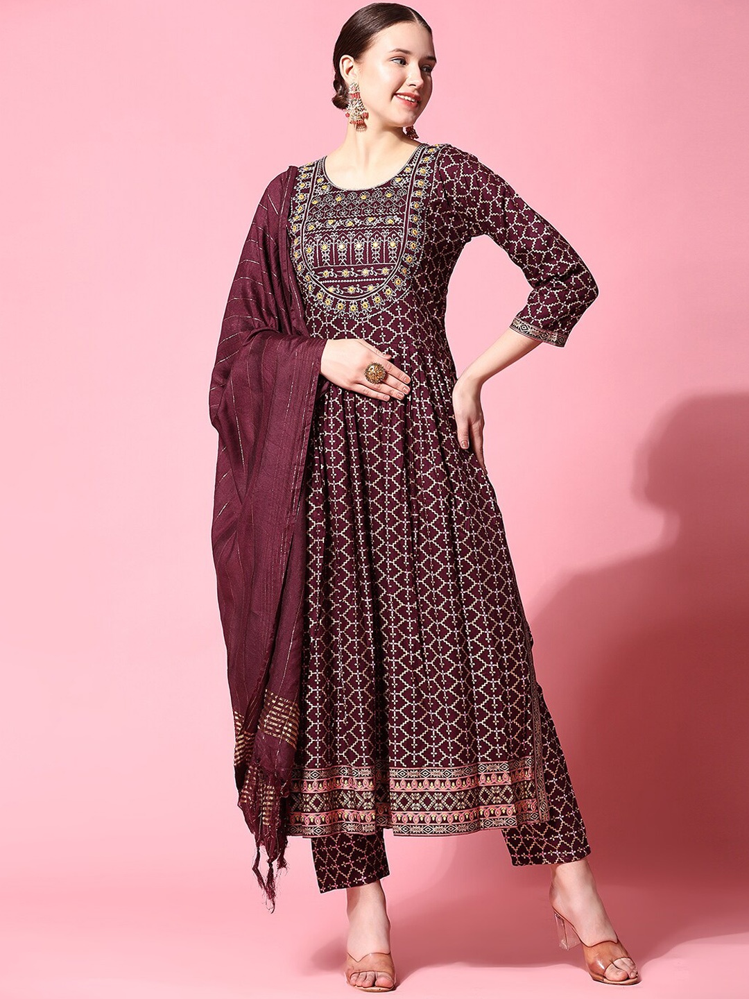 

Ziva Fashion Ethnic Motifs Printed Pleated Thread Work Kurta With Trousers & Dupatta, Brown