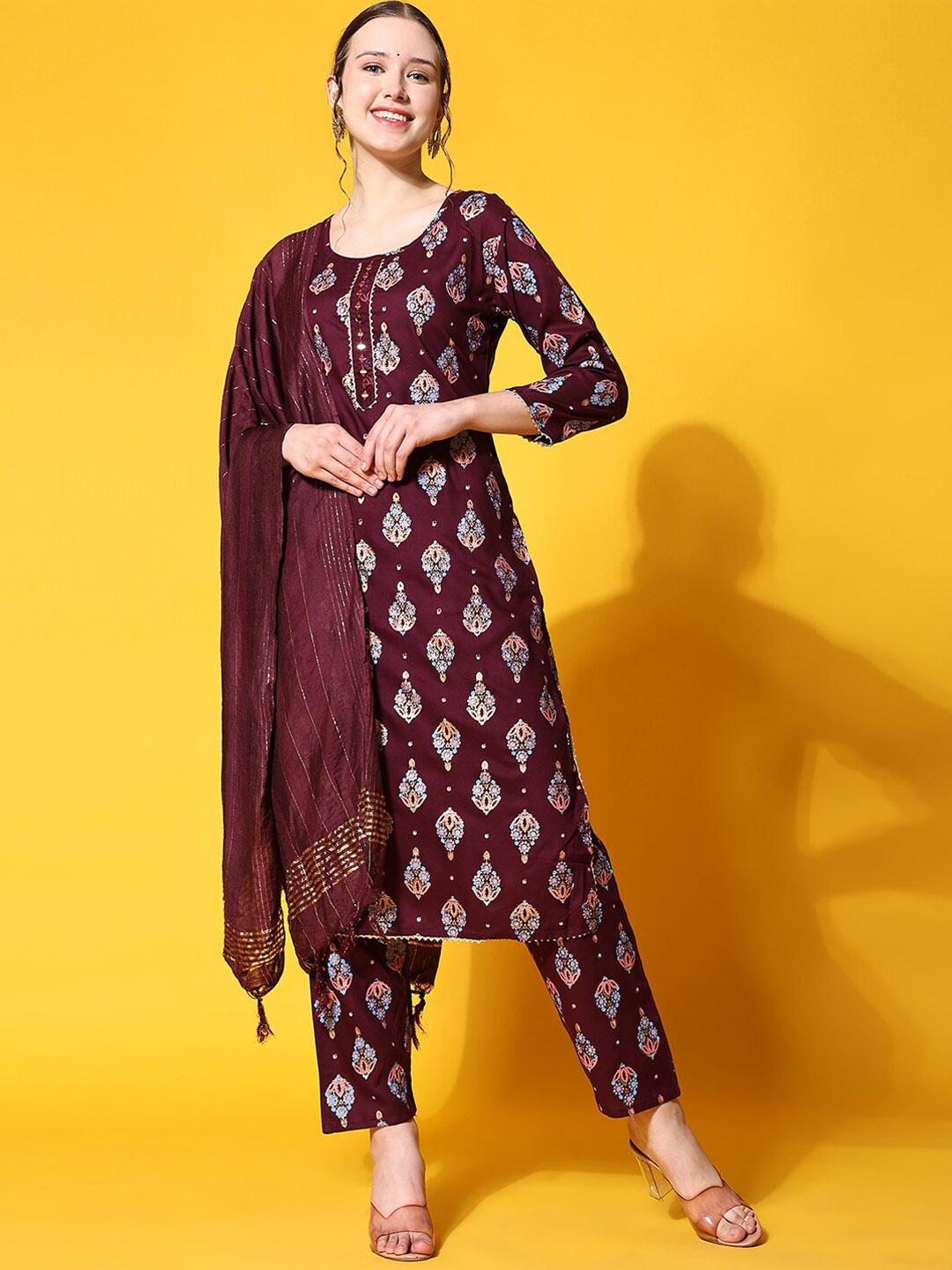 

Ziva Fashion Ethnic Motifs Printed Kurta With Trousers & With Dupatta, Brown