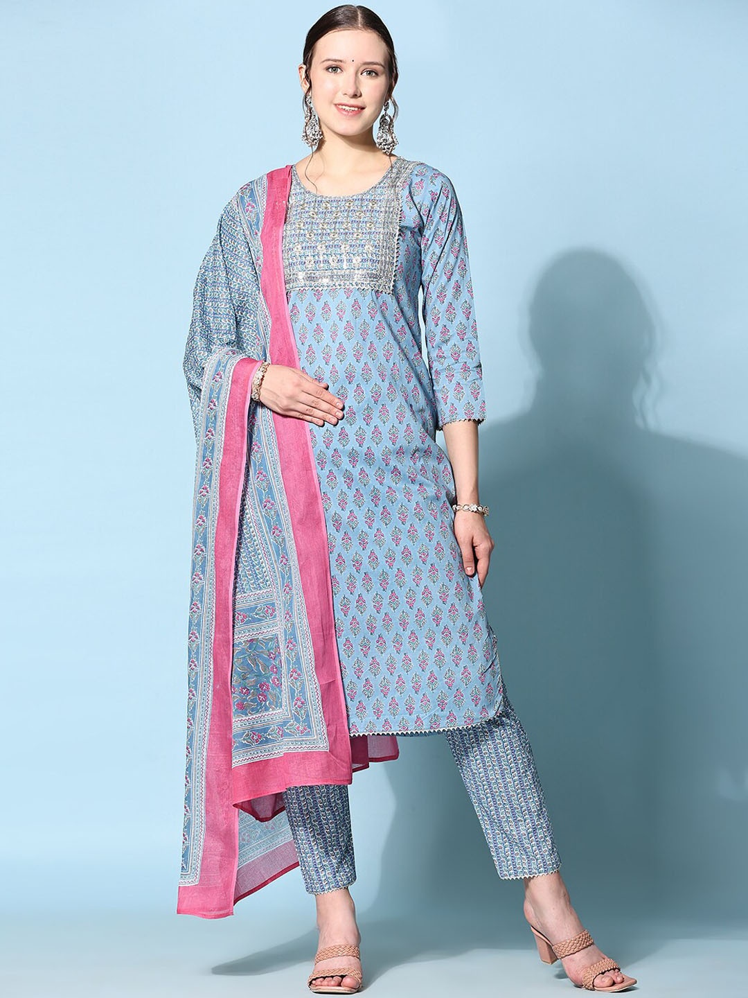 

Ziva Fashion Floral Printed Thread Work Kurta With Trousers & Dupatta, Blue