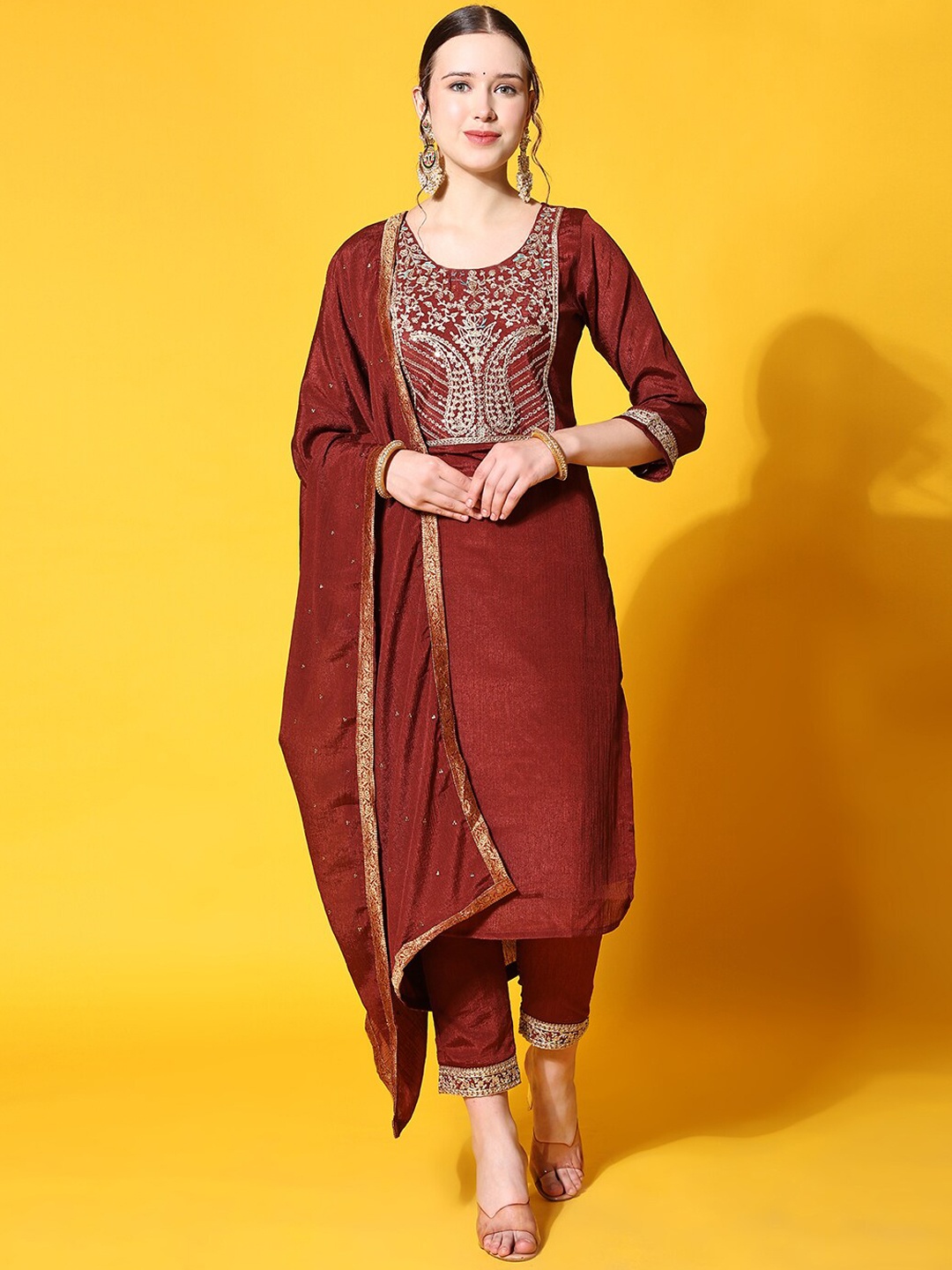 

Ziva Fashion Ethnic Motifs Yoke Design Kurta With Trousers & Dupatta, Maroon