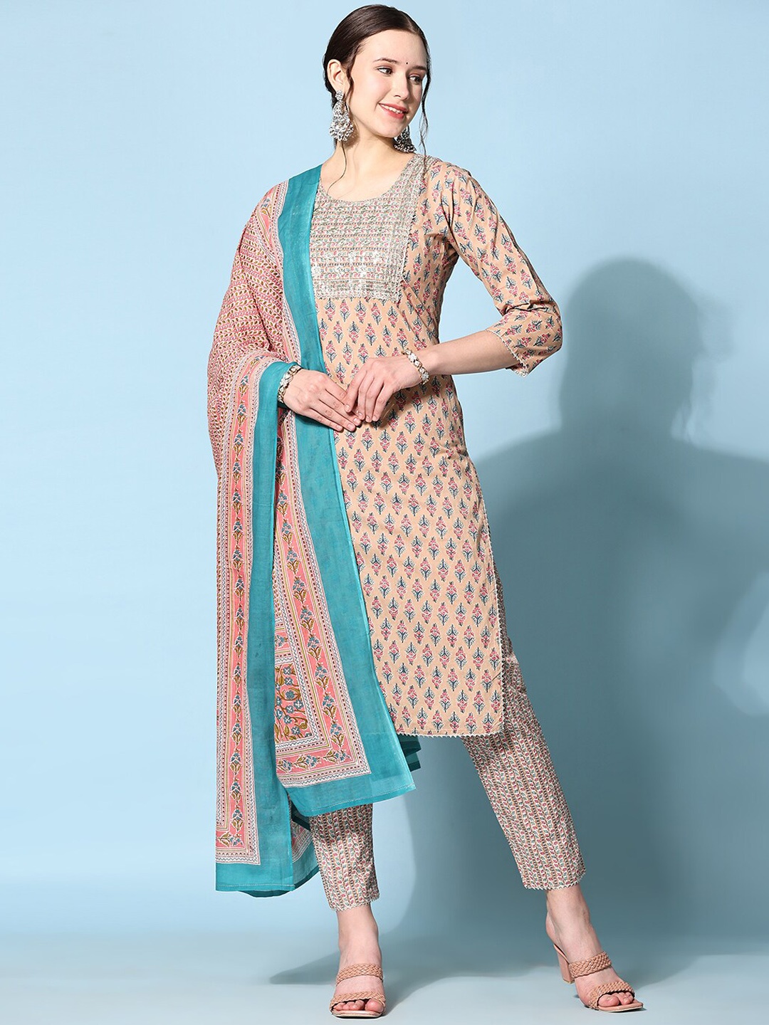 

Ziva Fashion Floral Printed Thread Work Kurta With Trousers & Dupatta, Beige