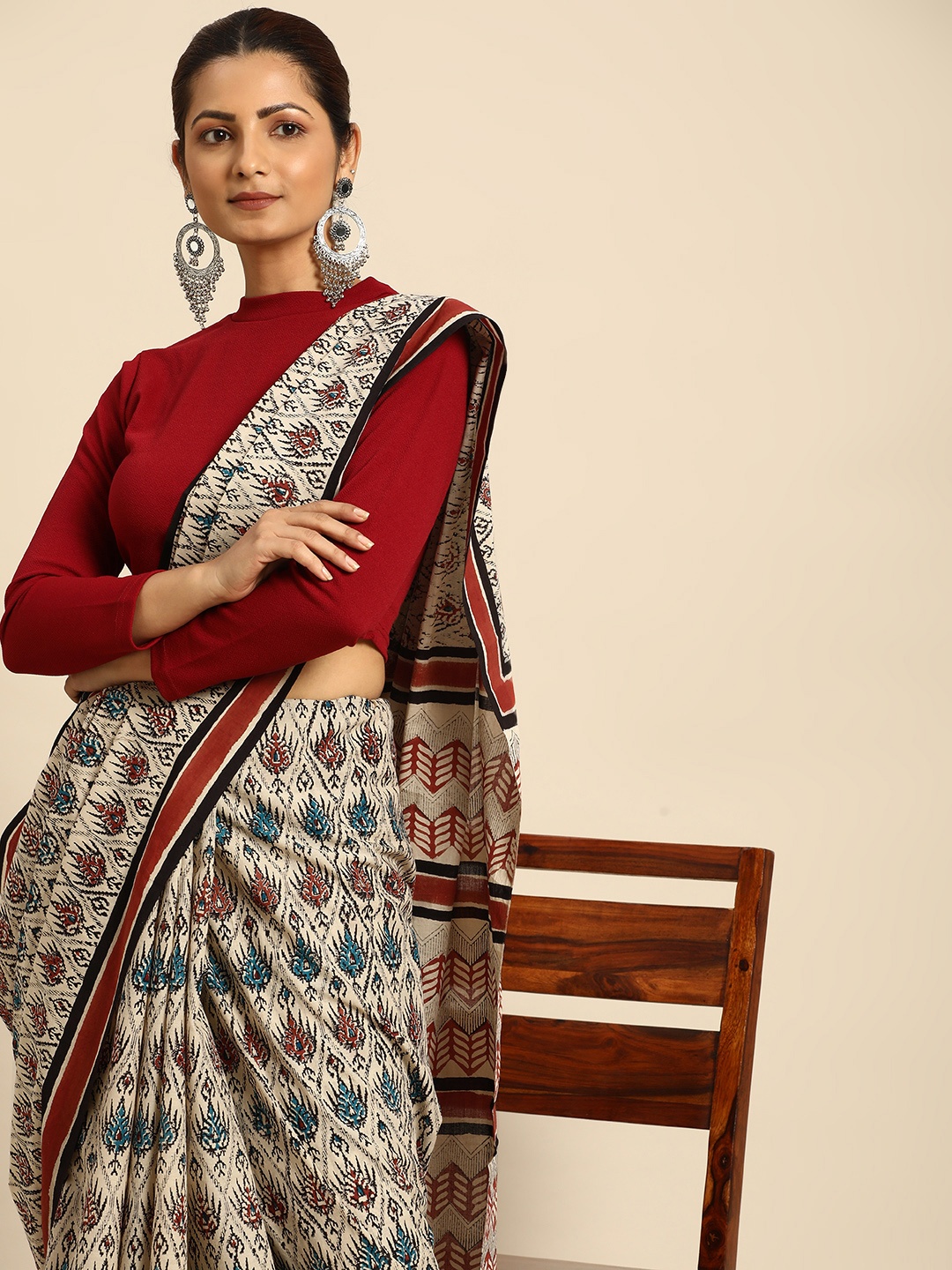 

Taavi Ethnic Motifs Pure Cotton Block Print Saree, Grey